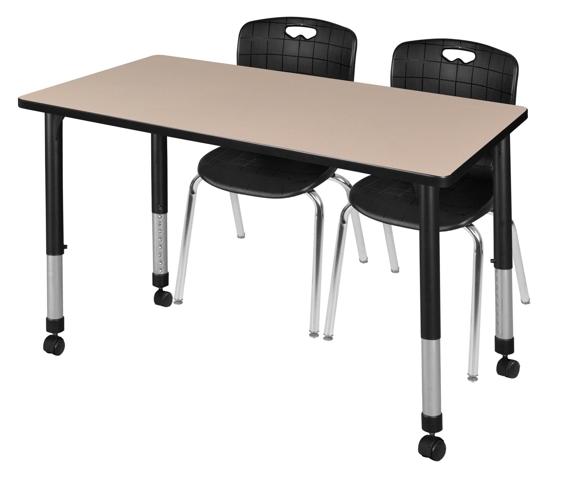 Regency Kee 48x22 x 30x22 Height Adjustable Mobile Classroom Table - Maple u0026 2 Andy 18-in Stack Chairs- Black