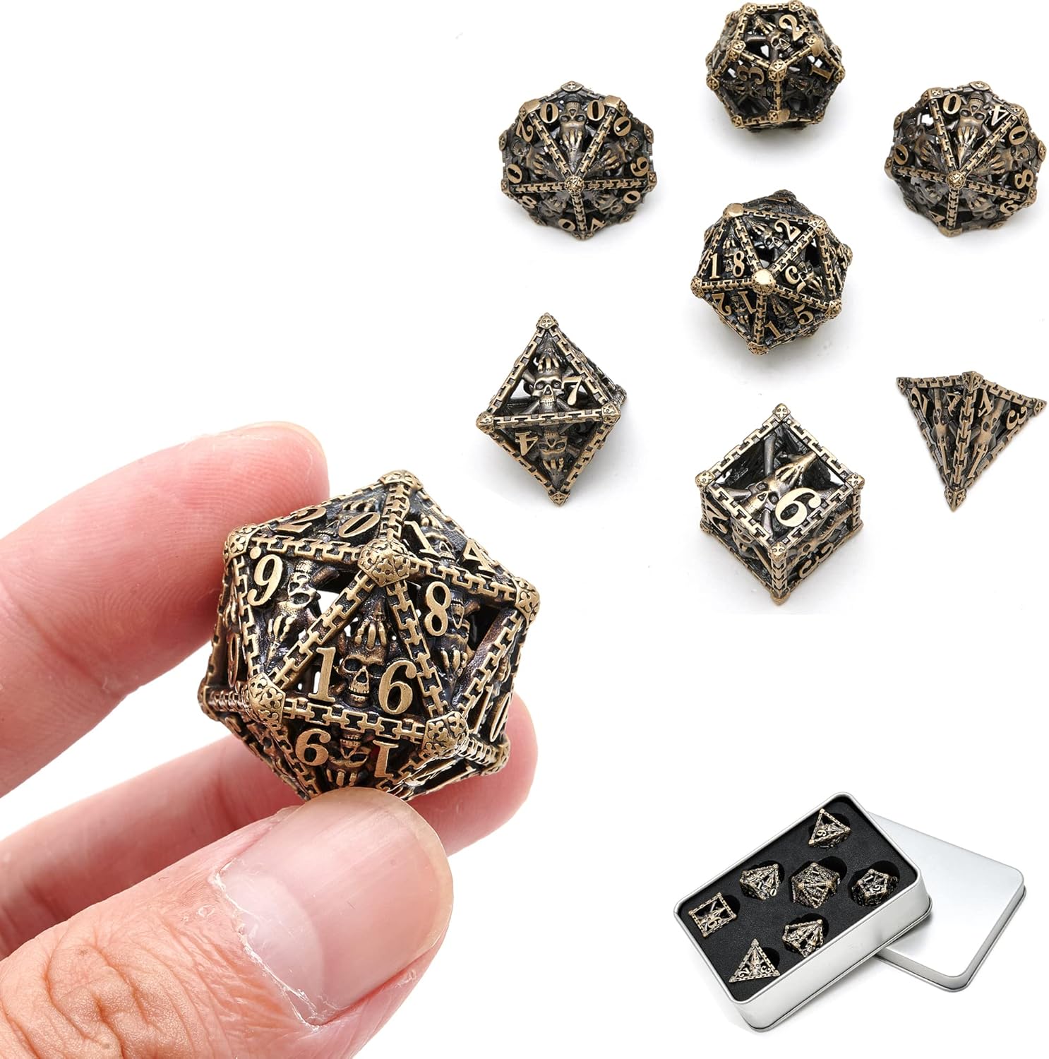 DND Metal Dice Set 7 Pieces Pure Copper Hollow Polyhedral Dice+Gift Box for D&D Game RPG Explorers Savage World and Table Games Dungeons and Dragons Role Playing Games Pack of 2