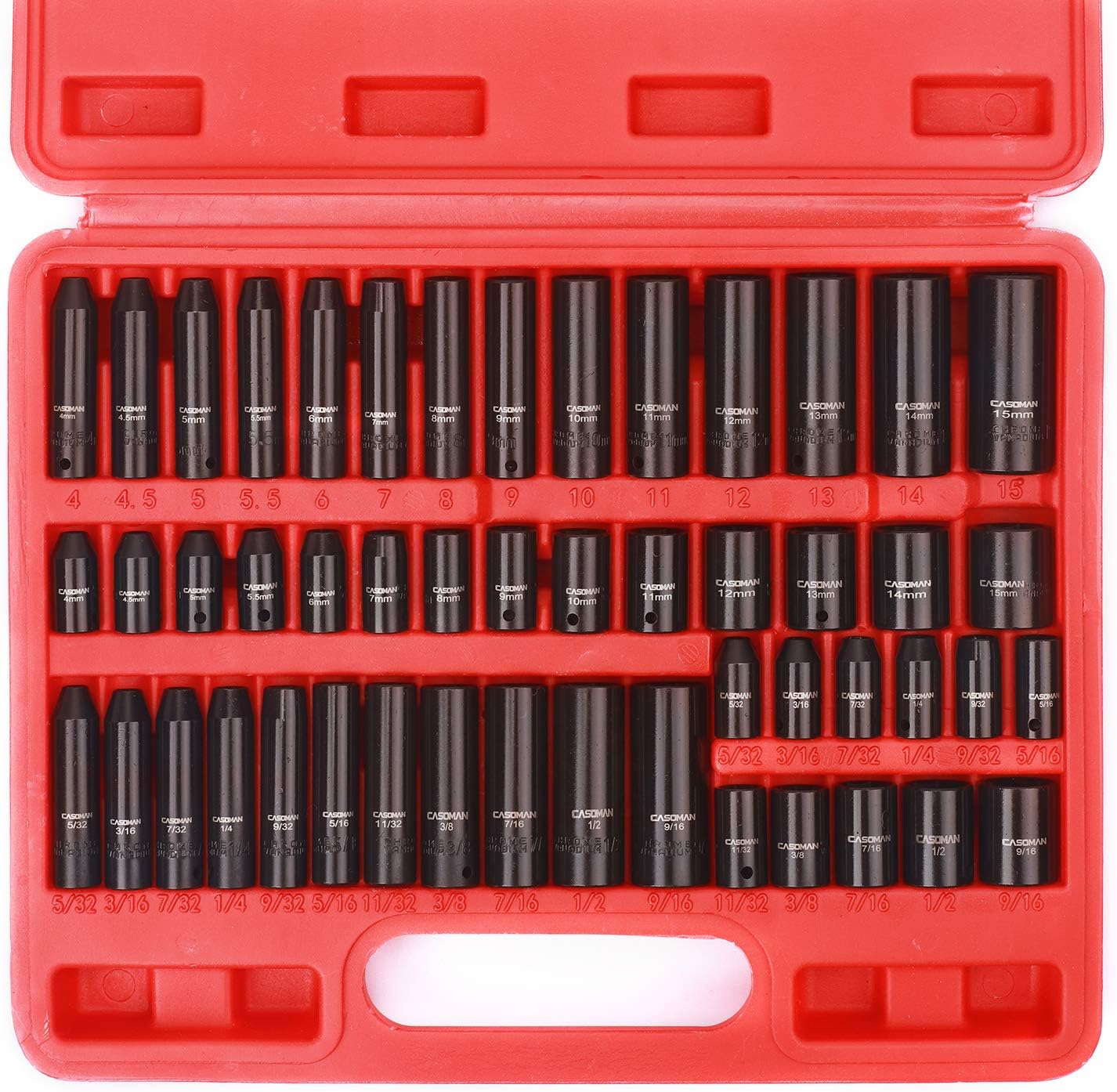 CASOMAN 1/4 Inch Drive Master Impact Socket Set, 50-Piece, 6-Point, SAE/Metric, 5/32 Inch - 9/16 Inch, 4mm - 15mm, Standard/Deep,CR-V