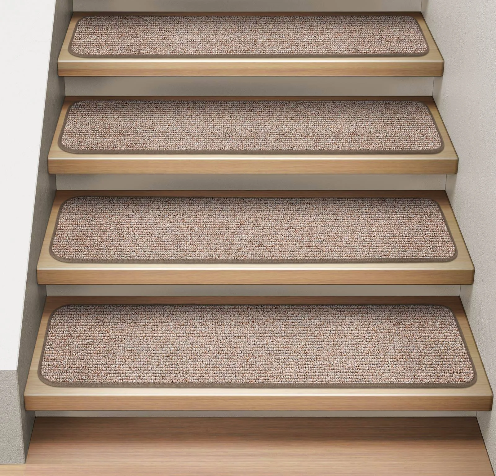 Set of 15 Attachable Indoor Carpet Stair Treads - Pebble Beige - 8 in. x 23.5 in.