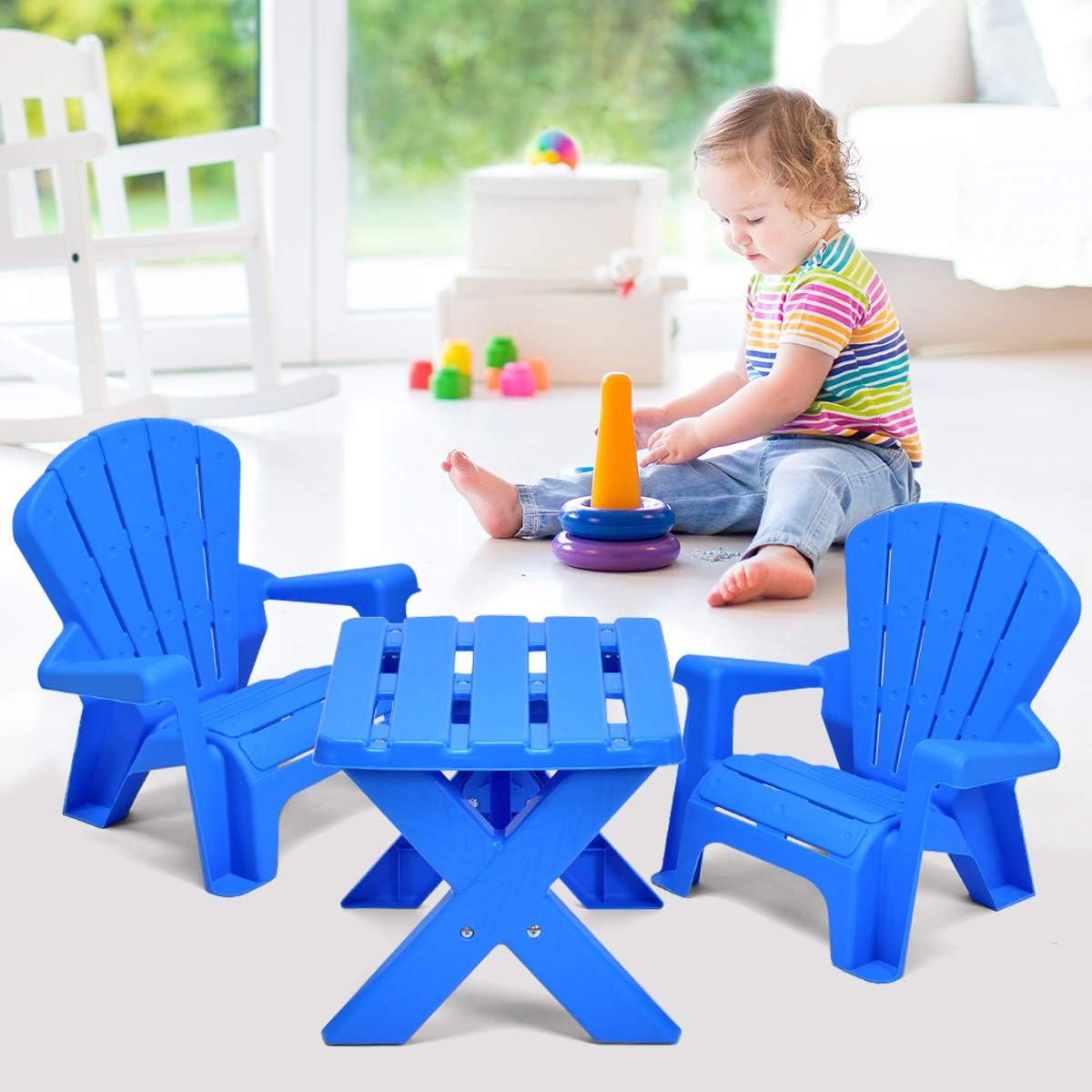 Costzon Kids Plastic Table and 2 Chairs Set, Adirondack Chair for Indoor & Outdoor Garden, Patio, Beach, Home, Toddlers Boys & Girls Activity Craft Table Set (Blue)
