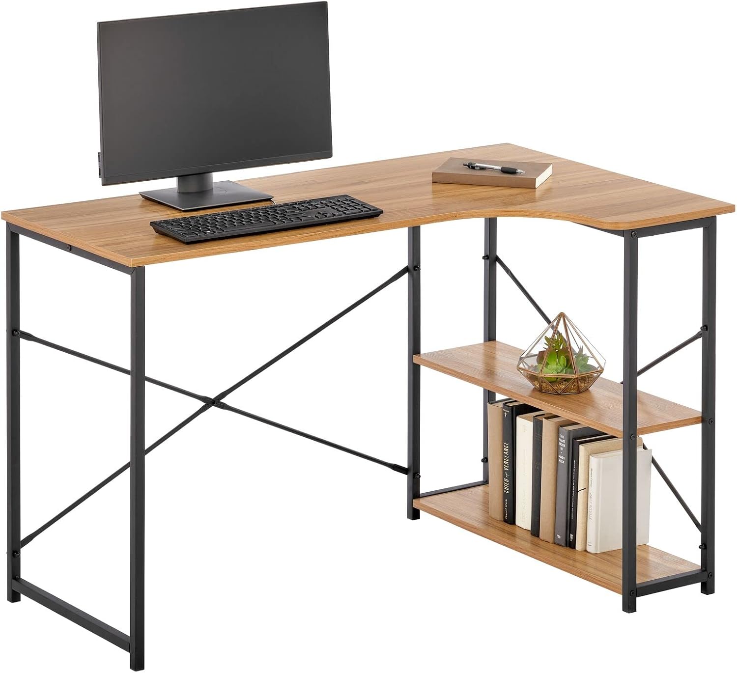 mDesign Large L-Shape Home Office Corner Desk with Shelves - Space Saving Computer or Writing Desk, Modern Simple Style PC Work Table - Sturdy White Metal Frame/Light Natural Wood Top