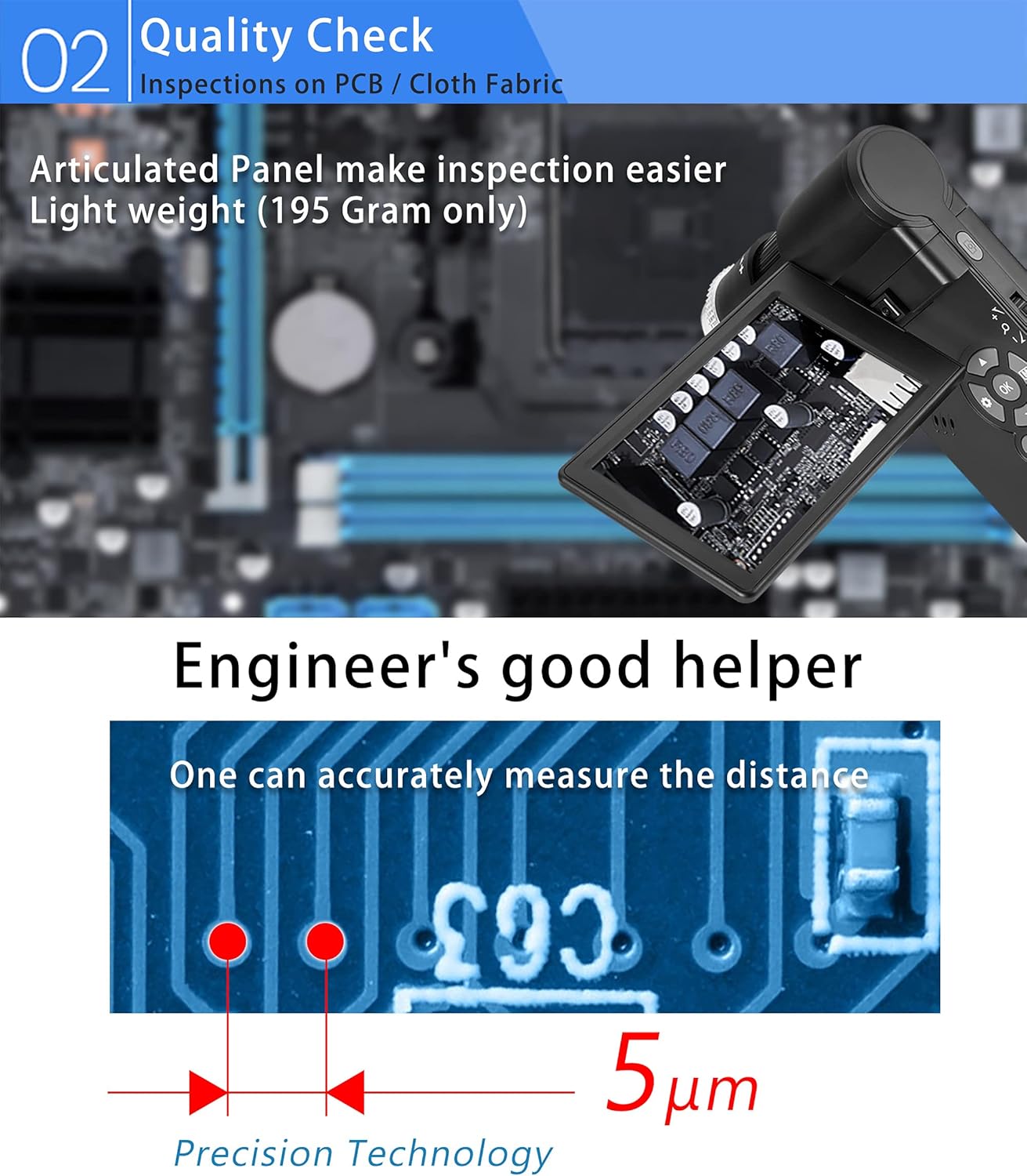 SUNRAYINNO, DPM 1200 Handheld Digital Microscope, Easy for inspecting Tiny Objects, Compact and Lightweight with with Articulated 4 inch Display, Long Run Hour Rechargeable Li-Battery.