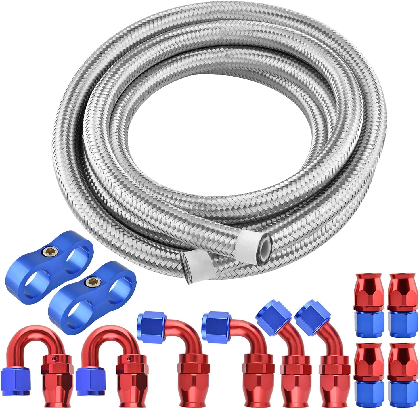 SINTLY 10AN PTFE E85 Hose Braided Fuel Injection Line Fitting Kit AN10 20FT Nylon Stainless Steel (Hose ID: 0.51inch) Pack of 2