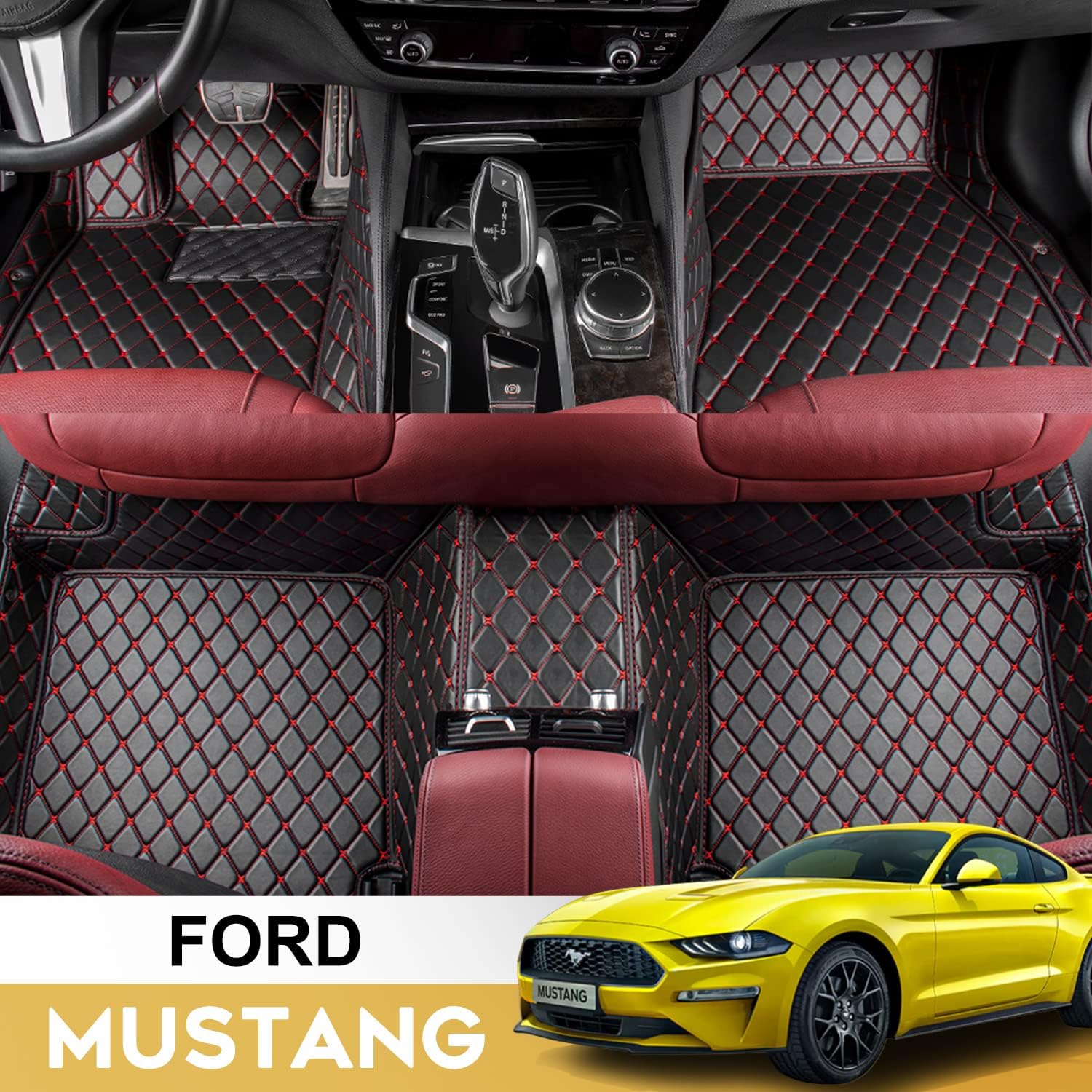 Castlerock Leather Car Floor Mats for Ford Mustang 2015 2016 2017 2018 2019 2020 2021 2022 Custom Fit (1st & 2nd Row Black)