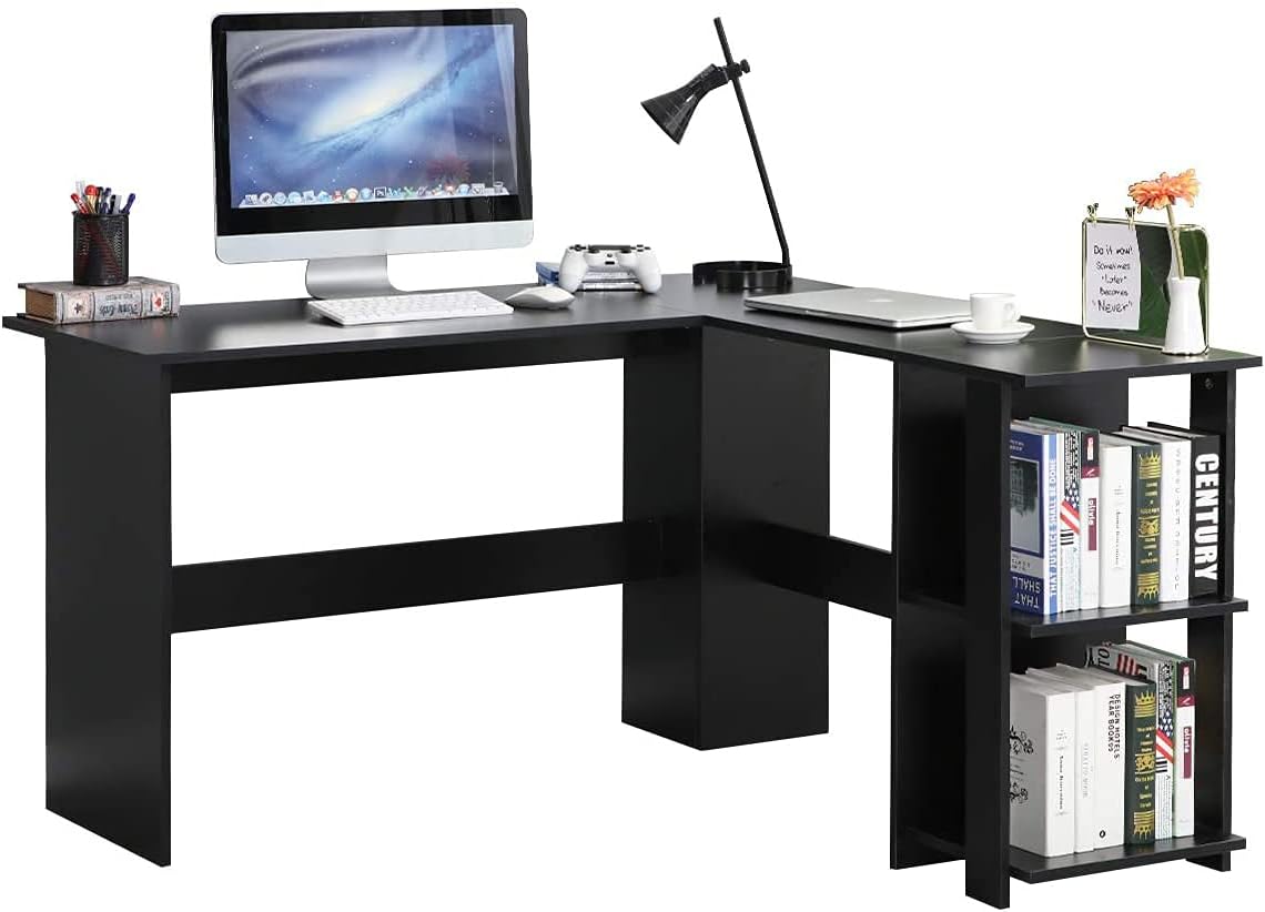 soges L-Shaped Desk with 2 Shelves, 51.2 inches Computer Desk Home Office Table Corner Desk Computer Workstations Black XTD-SC01-BK-N