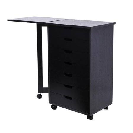 Wood Filing Cabinet, 7 Drawer Gate Leg Roll Cart with Desk Black Color