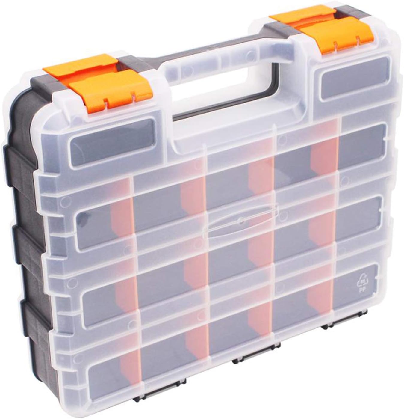 TEJAL 34-Compartment Double Sided Organizer with Impact Resistant Polymer, Hardware Box Storage, Customizable Removable Plastic Dividers, Black/Orange, Pack of 2, Best for Screws, Nuts & Small Parts Pack of 2