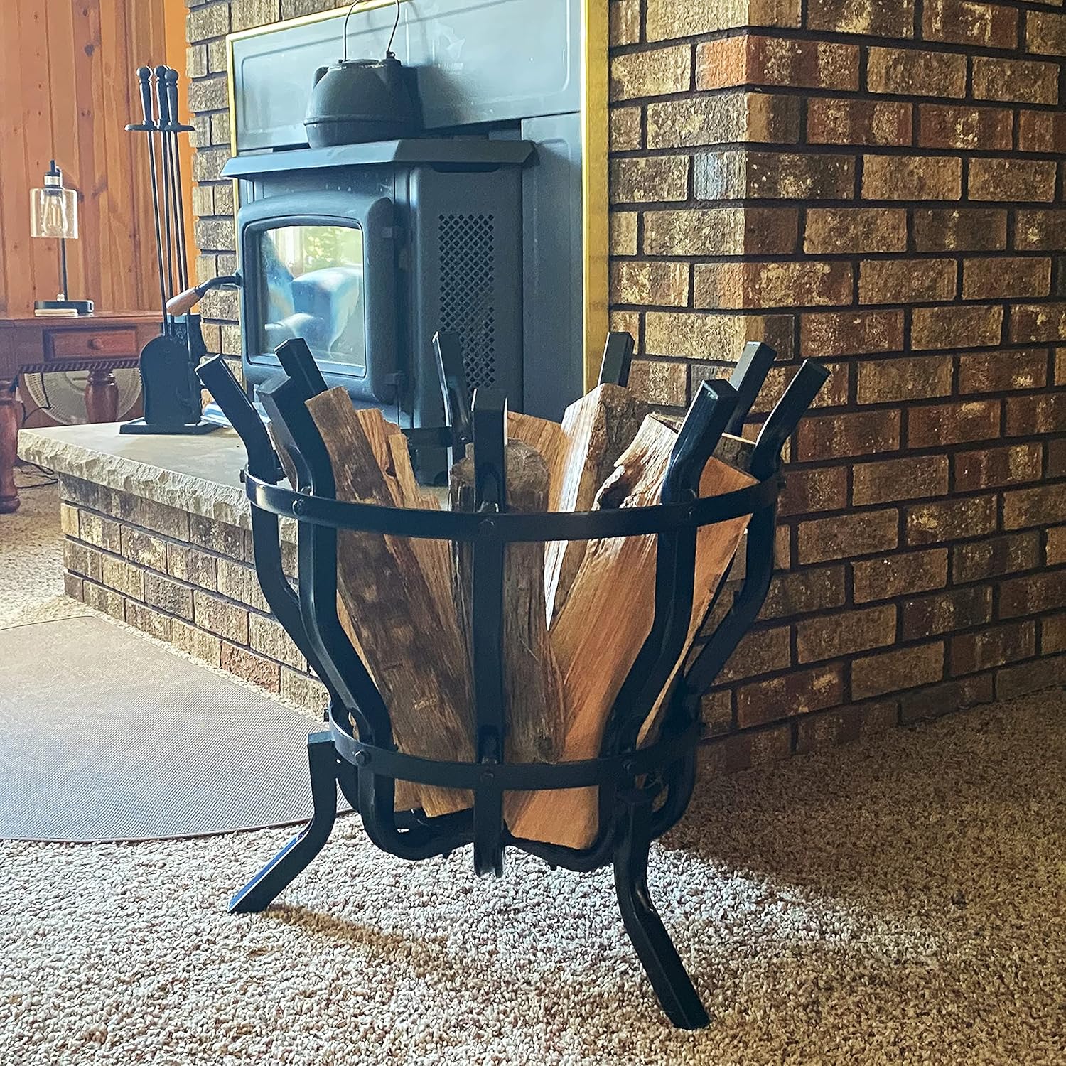 Sunnydaze Indoor/Outdoor Modern Fluted Log Holder - Fireside Firewood Storage Basket - Elevated Black Steel Open Slatted Design Log Bin - 23-Inch