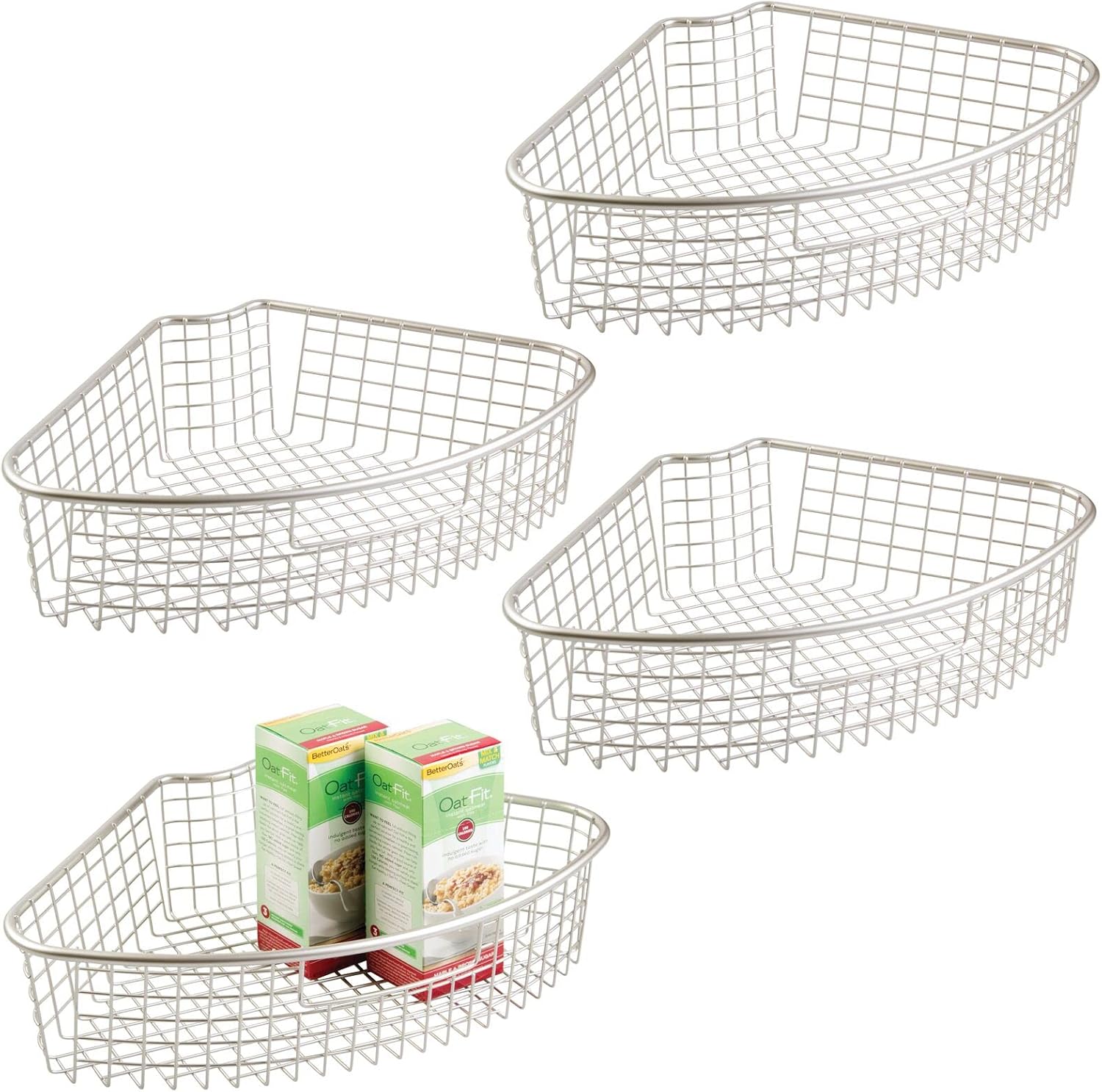 mDesign Farmhouse Metal Kitchen Cabinet Lazy Susan Storage Organizer Basket with Front Handle - Large Pie-Shaped 1/4 Wedge, 4.4