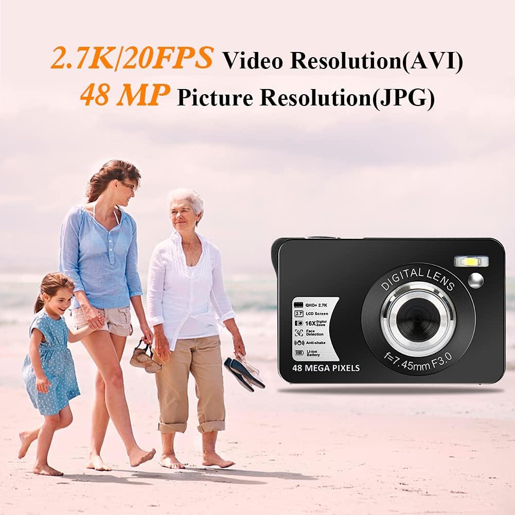 Digital Camera, 2.7K 48MP HD Camera Compact Camera Mini Portable Camera with 16X Digital Zoom and 2.7” TFT Screen Digital Camera for Kids Students Beginners (32GB SD Card & Battery Included) Pack of 2