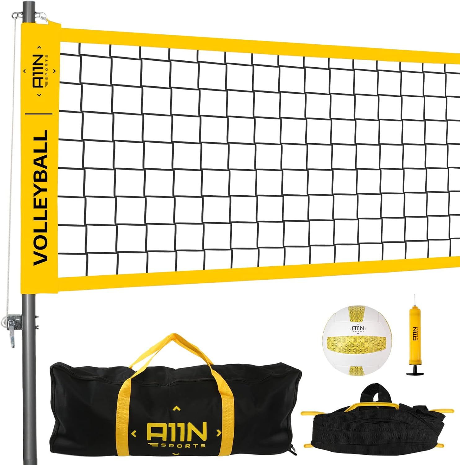 A11N Outdoor Volleyball Set - Includes Anti-Sag Net, Volleyball, Air Pump, Boundary Markers, and Carrying Bag - for Backyard, Beach, and Park