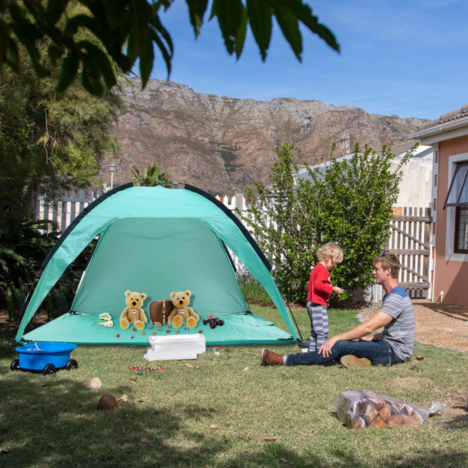 KiviFun Beach Tent Canopy Sun Shelter UPF 50+ UV Protection, Portable Beach Shade Fit 3-4 Person for Camping, Fishing, Travel or Backyard Fun | Lightweight, Breathable, Collapsible