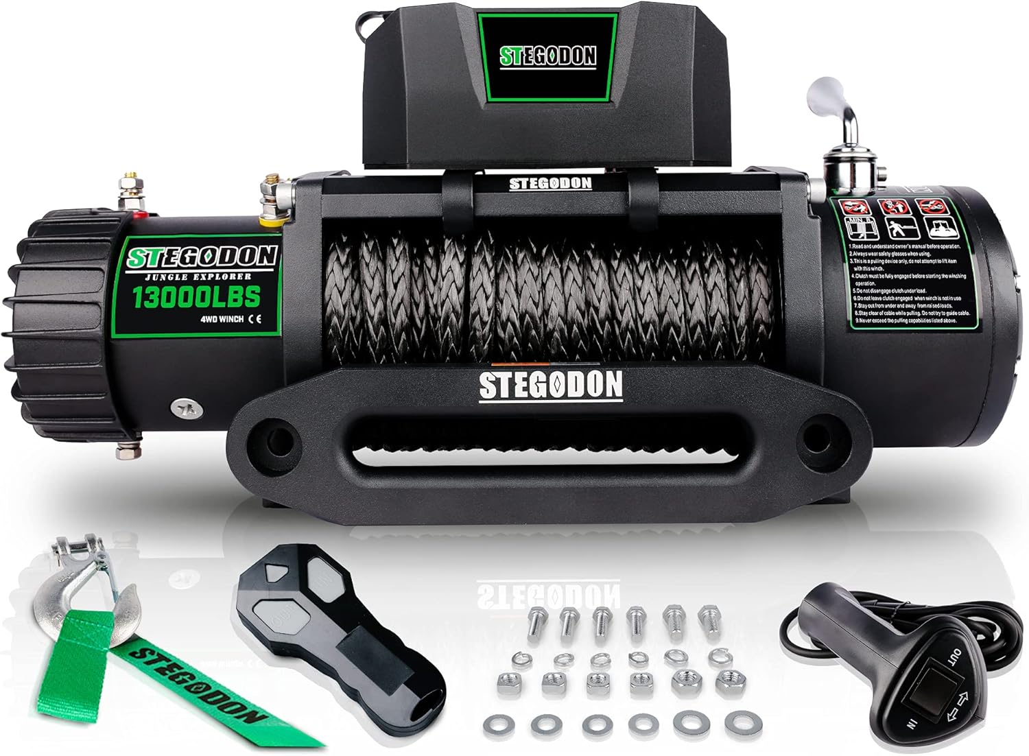 STEGODON New 13000 lb. Load Capacity Electric Winch T3,12V Synthetic Rope Electric Winch with Hawse Fairlead,Waterproof IP67 Winch with Wireless Handheld Remotes and Wired Handle(All Black)