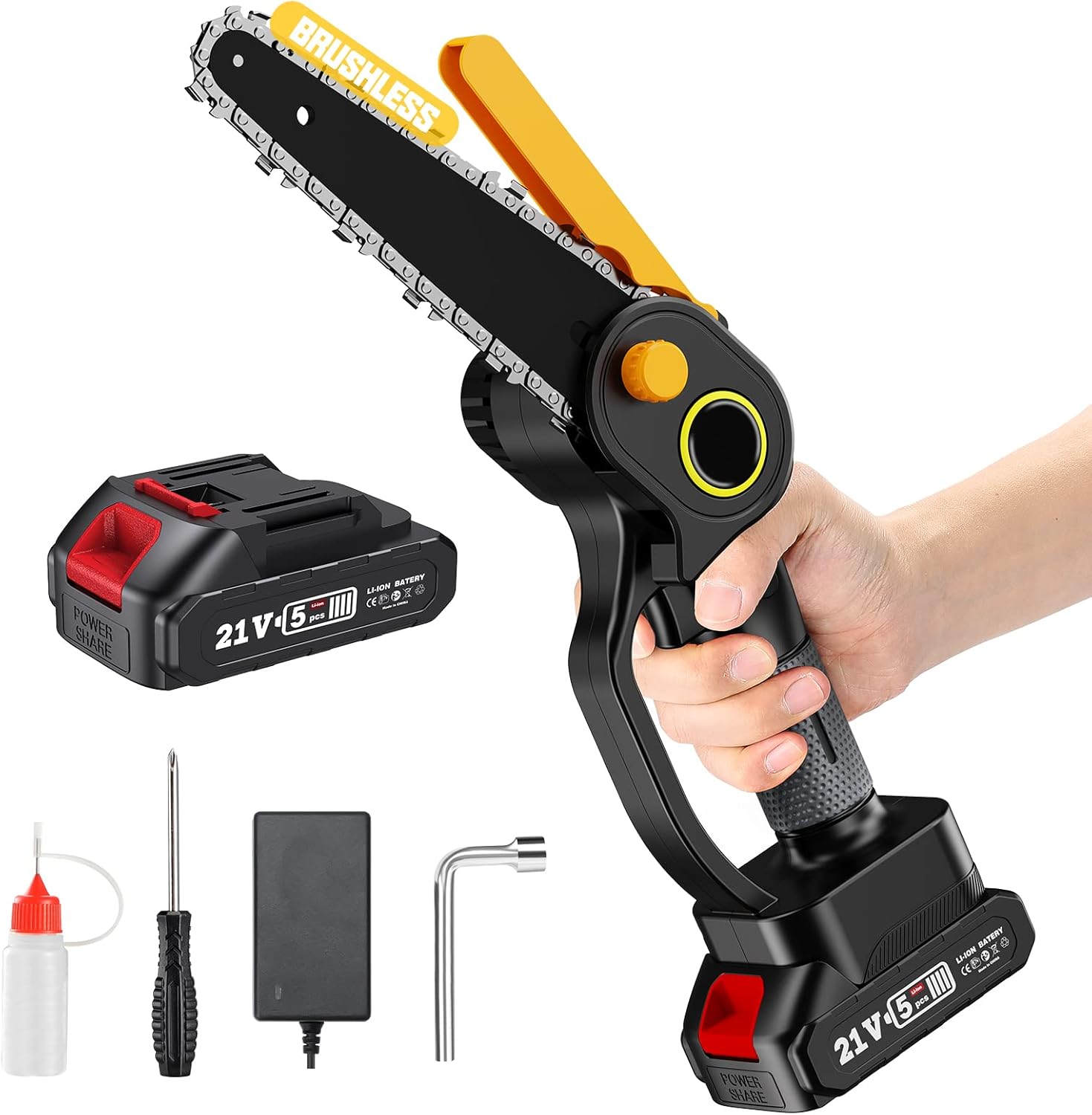 Mini Chainsaw Brushless, Seesii 6-inch Cordless Chain Saw with 2.0 Batteries, 20% More Lifetime Brushless Motor, One-Handed Electric Battery Operated Chain Saw for Wood Cutting Garden Branch Pack of 2