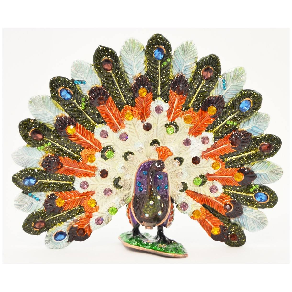 Ciel Collectables 1013672D Fan Sahpe Tail Peacock Gold Plating Trinket Box - Swarovski Crystals u0026 Colorful Enamel