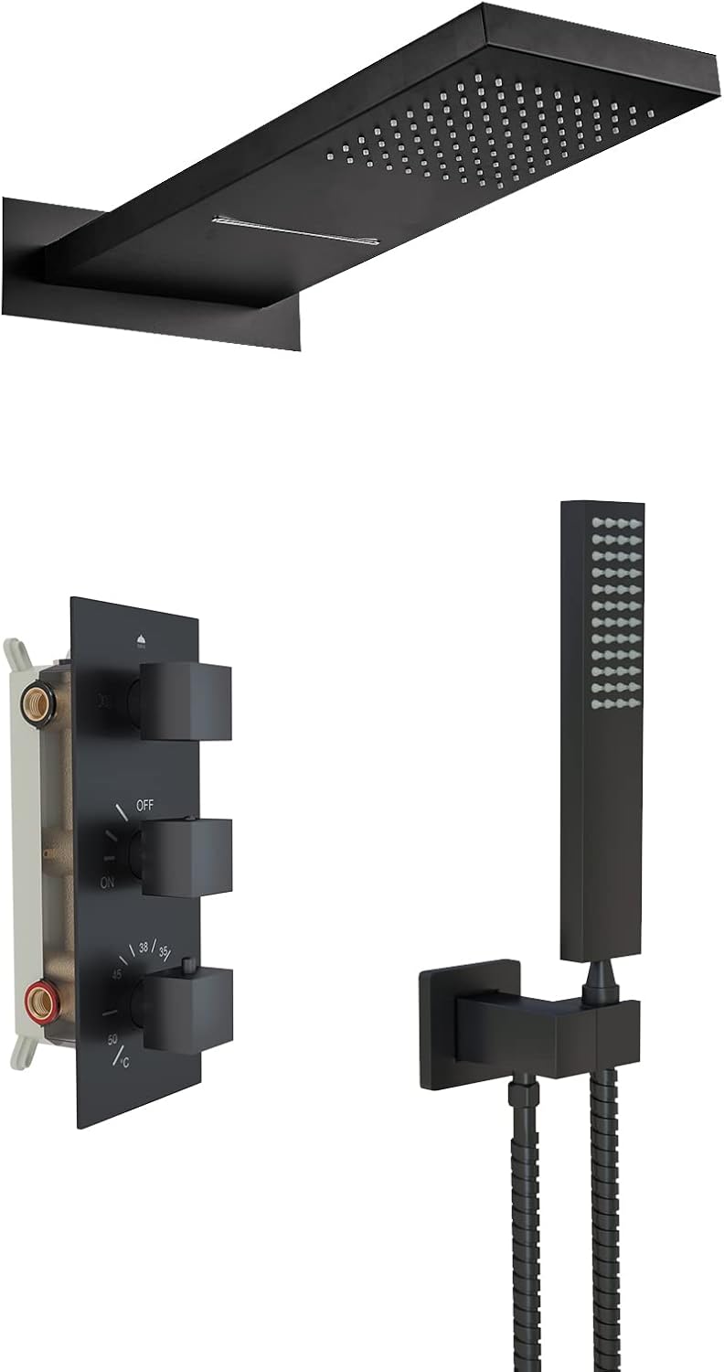 Thermostatic Shower System Matte Black, Wall Mounted Shower Faucet Set,Waterfall Rainfall Shower Head with Handheld for Bathroom ,DanPiang