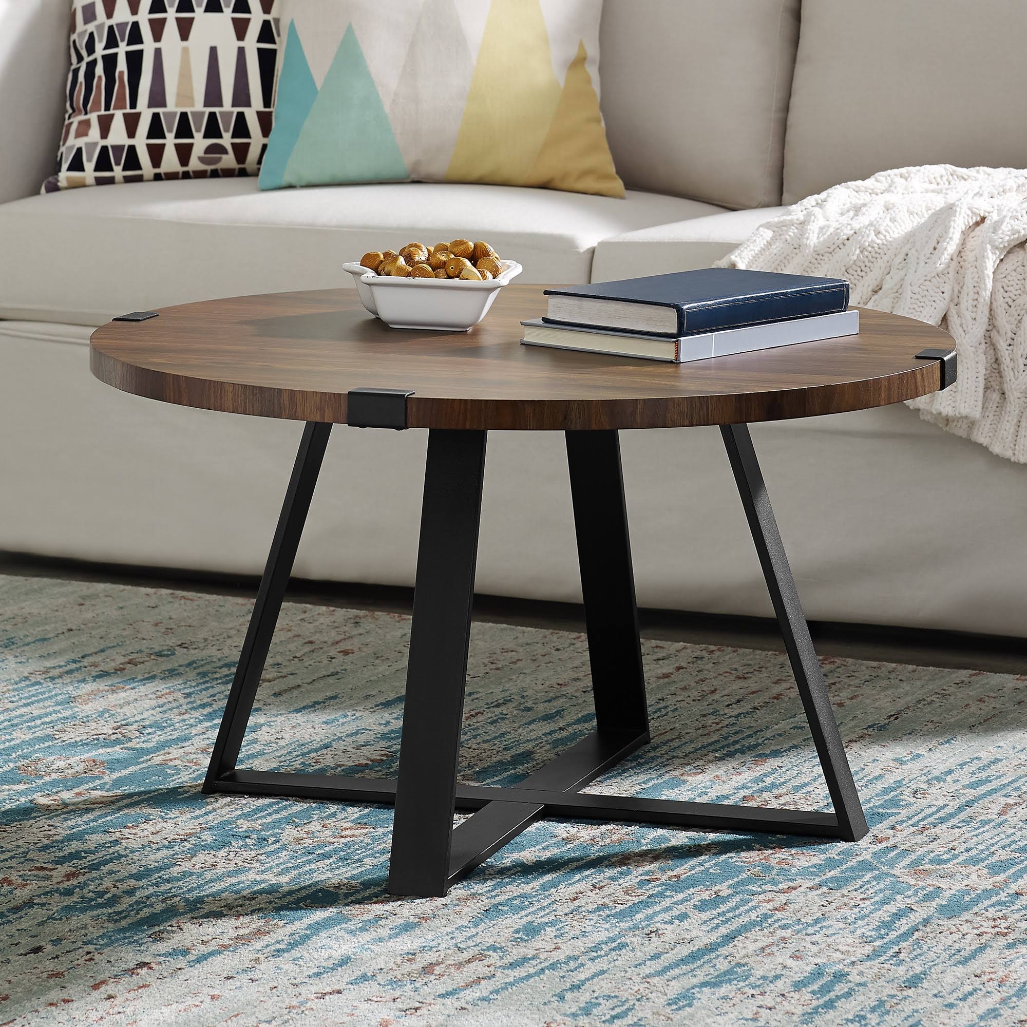 Wrightson Urban Industrial Faux Wrap Leg Round Coffee Table Dark Walnut - Saracina Home