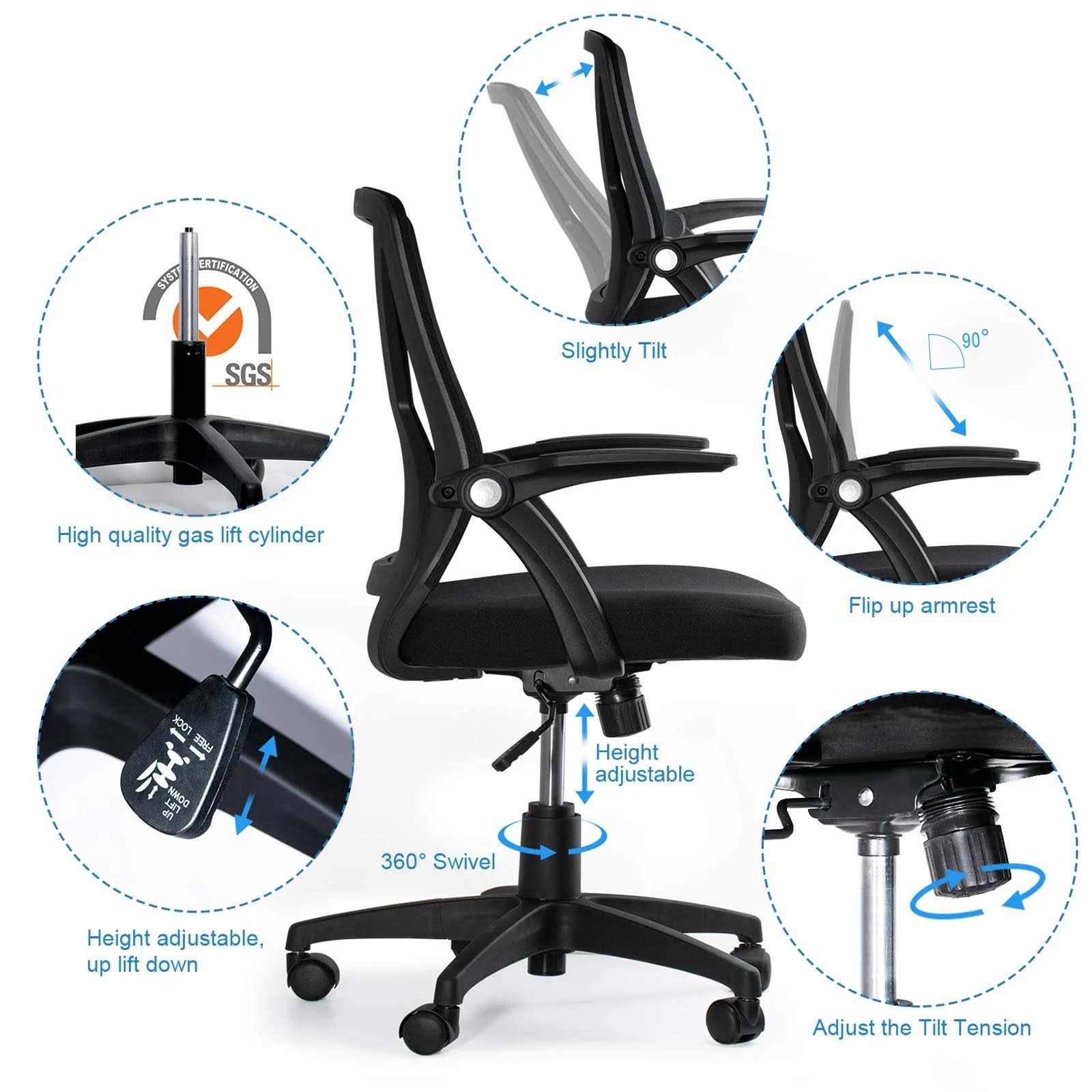 Mid Back Mesh Office Chair Ergonomic Swivel Black Mesh Computer Chair Flip Up Arms