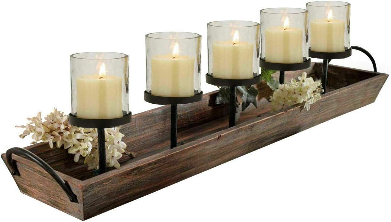 27.5 in. Rustic Wood Candle Centerpiece Tray w/ Five Metal Candle Holders Pack of 2