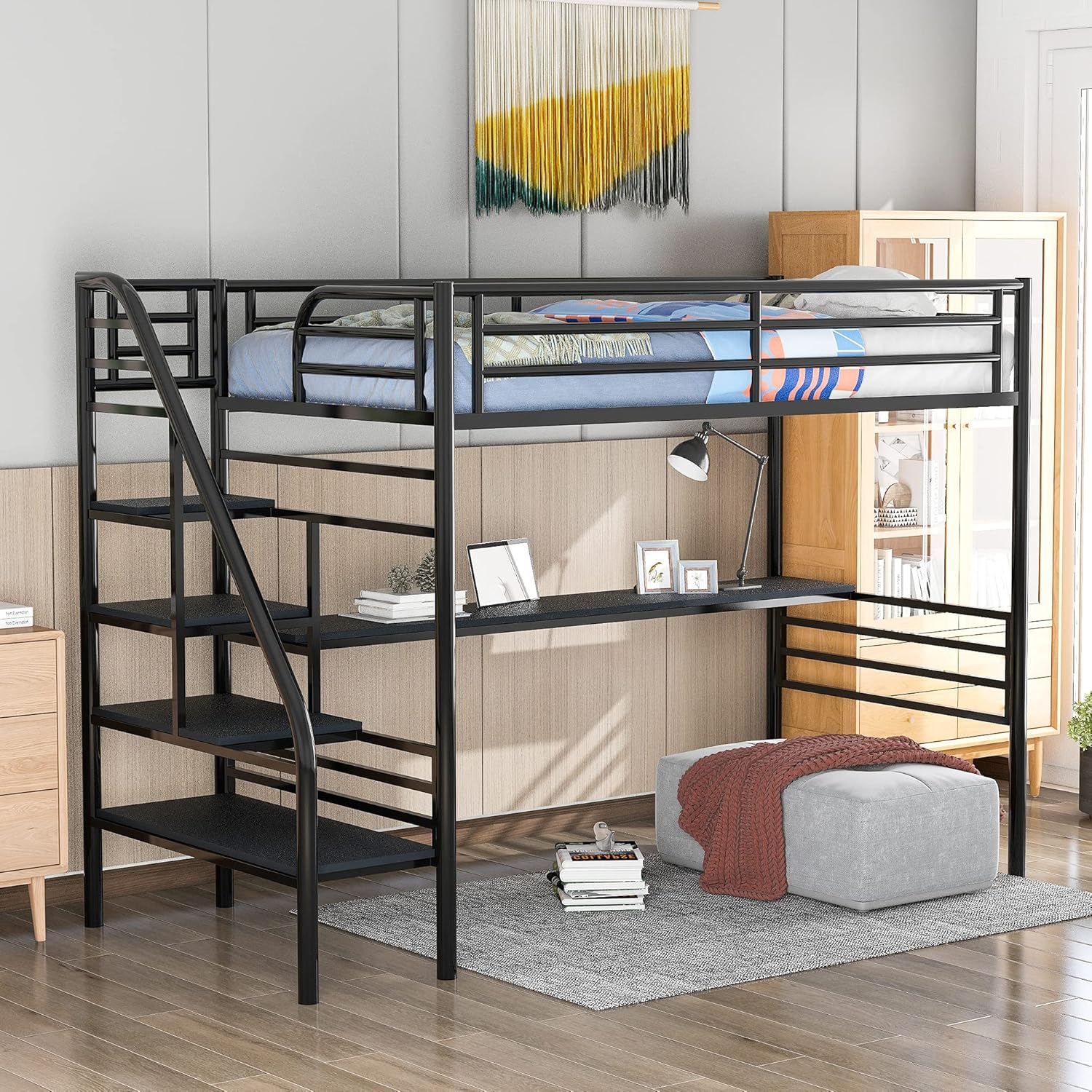 Merax Loft Bed with Desk, No Box Spring Needed, Space-Saving Design Bunk, Twin, Black-1