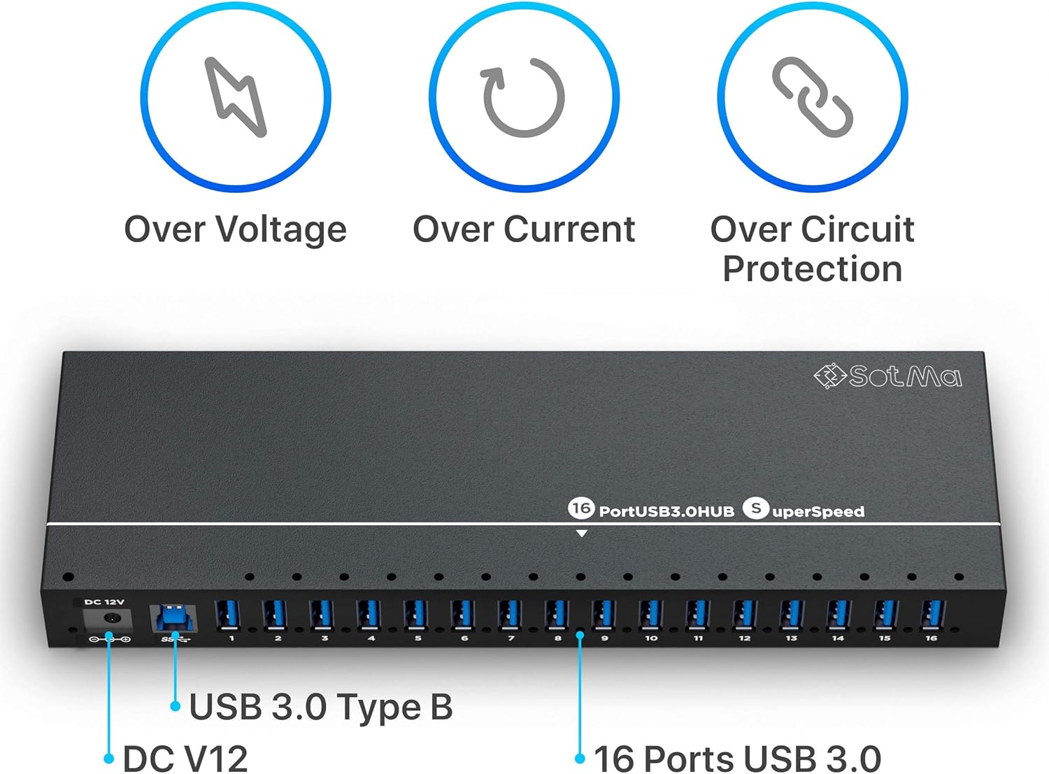 Multi-Safety Protection USB Splitter - 16 Port Powered USB Hub 3.0 with AC Adapter (12V / 10A) - Aluminium USB 3.0 Hub with LEDs - High Speed - Hub for Multiple Devices - Powered USB 3.0 Hub