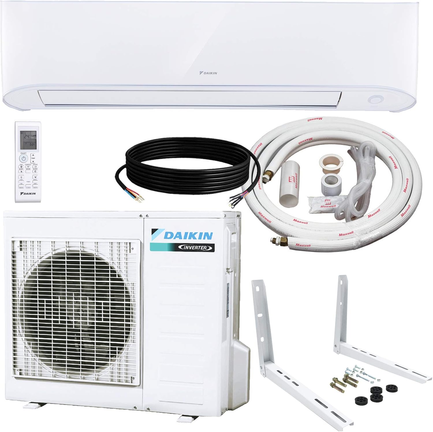 DAIKIN 12,000 BTU 17 SEER Wall-Mounted Ductless Mini-Split Inverter Air Conditioner Heat Pump System 15 Ft. Installation Kit & Wall Bracket (230 Volt), 12, 000 BTU
