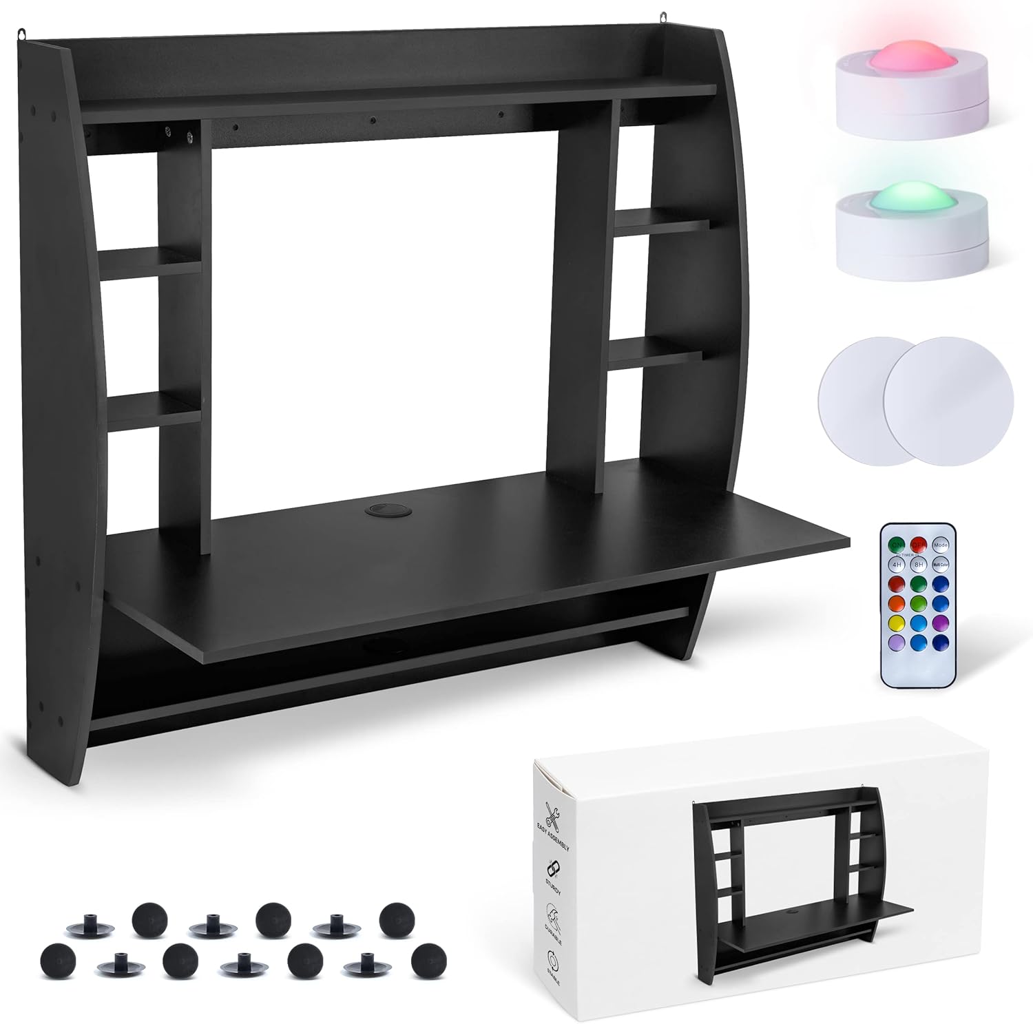 B&Uuml;ROO Floating Desk - Beautiful Wall Desk for Small Spaces - Modern Wall Mounted Desk with 2 LED Lights - Sleek Wall Table with Shelves - Wall Mount Desk - Adjustable Height (Large Black)