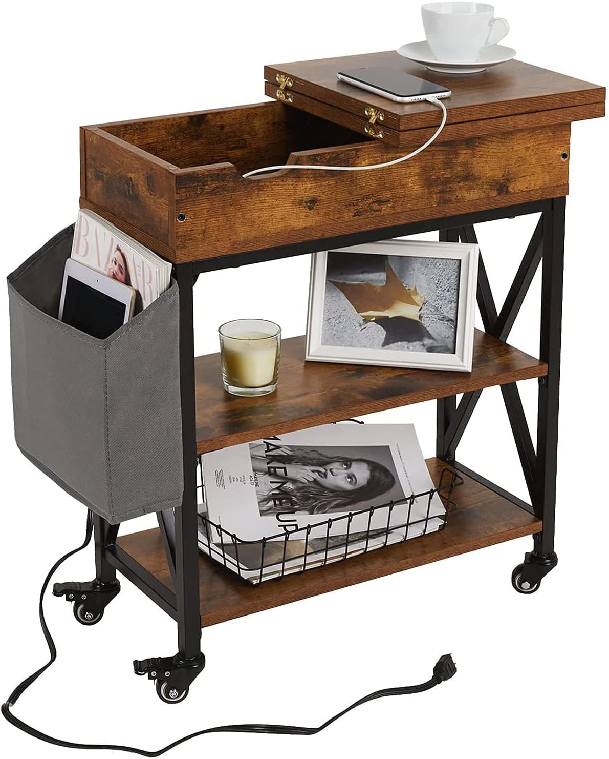 Rolling End Table with Power Outlet,Flip Top Sofa Side Table Narrow Nightstand with Storage Shelf and Fabric Bag for Small Spaces Movable Couch Table for Living Room Bedroom,Rustic Brown