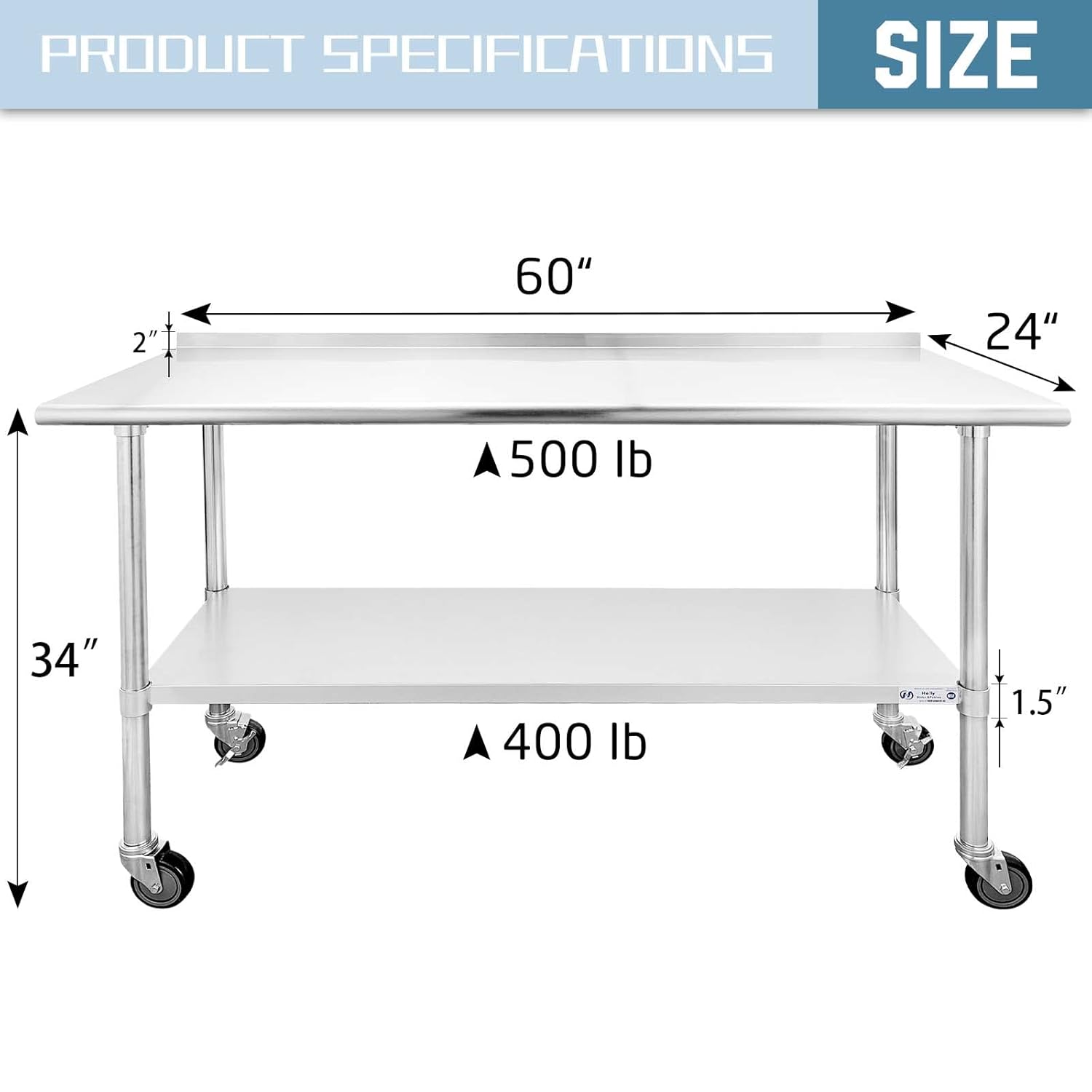 Hally Stainless Steel Table for Prep & Work 24 x 60 Inches with Caster Wheels, NSF Commercial Heavy Duty Table with Undershelf and Backsplash for Restaurant, Home and Hotel