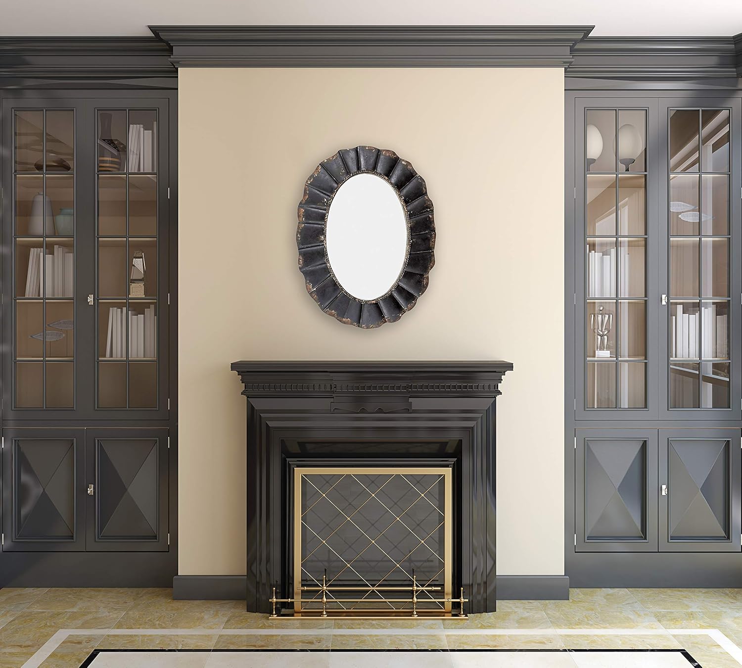 Creative Co-Op Oval Mirror with Distressed Black Scalloped Metal Frame