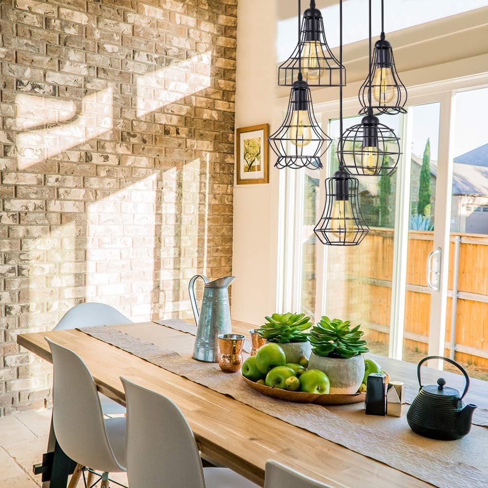 Wellmet Industrial Pendant Light with Black Metal Cage Shade, 5-Light Black Retro Cage Chandelier Lighting Fixtures for Dinning Room Foyer Entryway Hallway Stairwell Cabinet