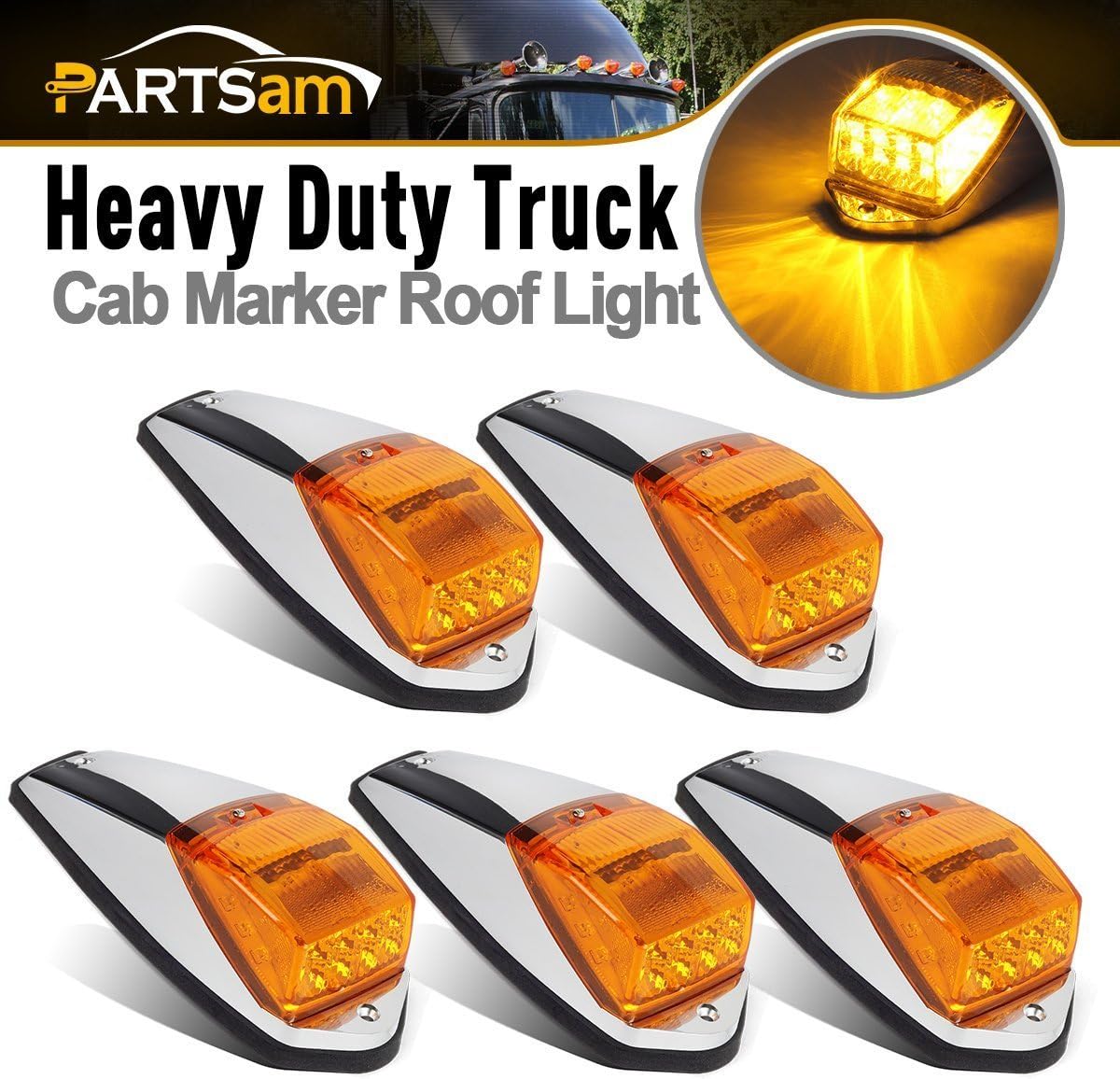 Partsam Truck Cab Lights 5PCS Clear/Amber Top Roof Running LED Marker Lights Waterproof 17 LED w/Chrome Base Compatible with Peterbilt/Kenworth/Freightliner//Western Star/Mack Trailer