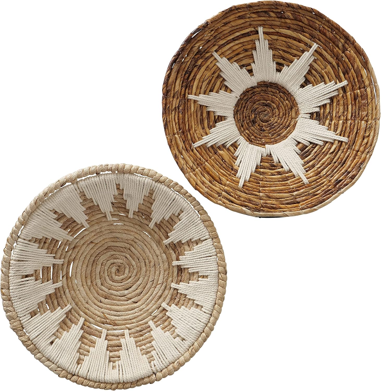 WHW Whole House Worlds Modernist Home Wall Art Wicker Circular Baskets, Set of 2, Banana Leaf, Natural Tones with White Yarn Accents, Each 15.75 Inches in Diameter, Sunburst Pattern