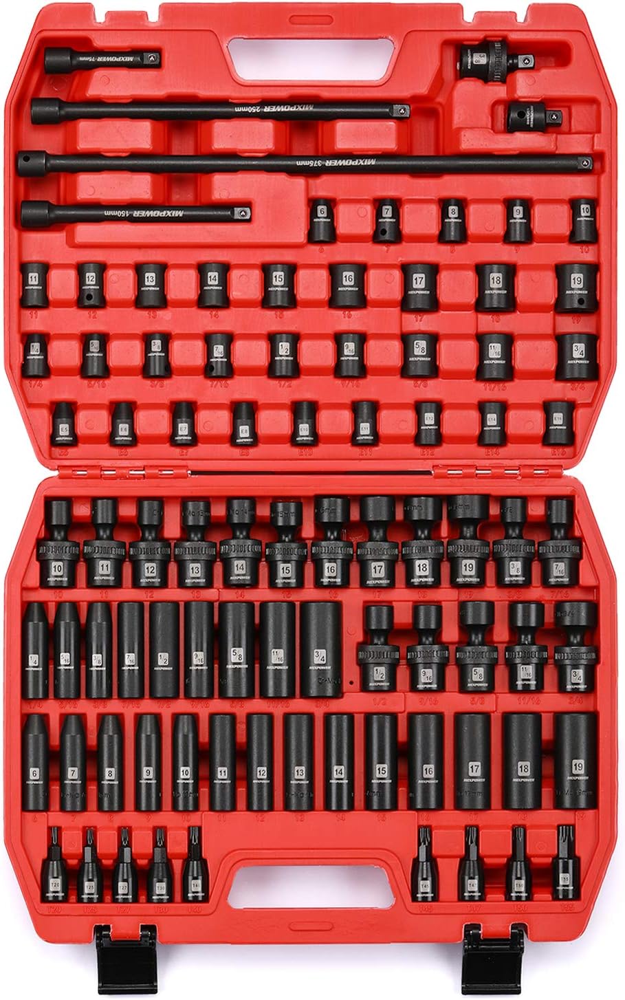 MIXPOWER 3/8'' Drive Master Impact Socket Set, 87-Piece Deep & Standard SAE and Metric,CR-MO, 1/4-Inch to 3/4-Inch and 6-19 mm, Impact Universal Sockets, Inverted Star Sockets, Extension Bar & Adapter
