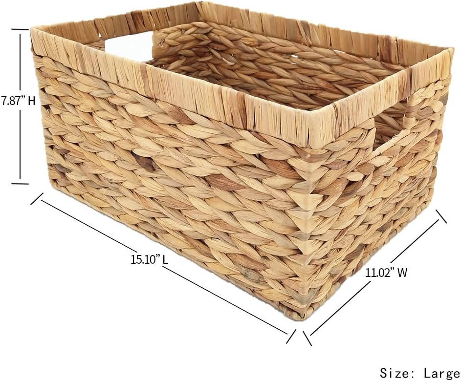 Woven Natural Water hyacinth Rectangular Storage Baskets with inside Handle,Kingwillow(Large) Pack of 2