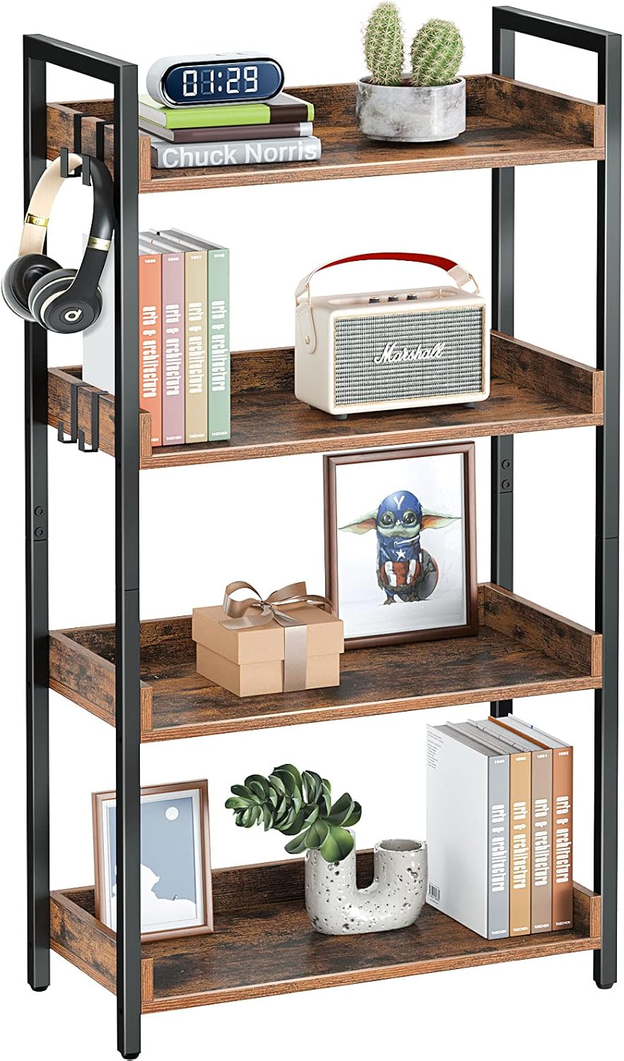 Rolanstar 4 Tier Bookshelf, Industrial Wood Bookcase with 4 Hooks, Vintage Storage Rack with Open Shelves, Rustic Standing Bookshelves Metal Frame Display Rack for Living Room,Bedroom, Rustic Brown