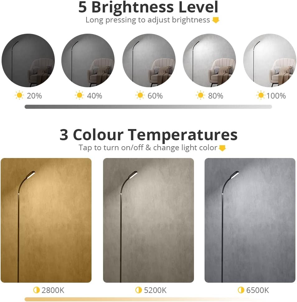 IPARTS EXPERT Smart Floor Lamp, Rechargeable Type-C Flexible Cordless Lamp Touch Control LED 2in1 Reading Standing Light, F Gooseneck ,3 Colors & 5 Brightness Levels Stepless Dimmable Floor Lamps for Living Room Bedroom Office (Black)