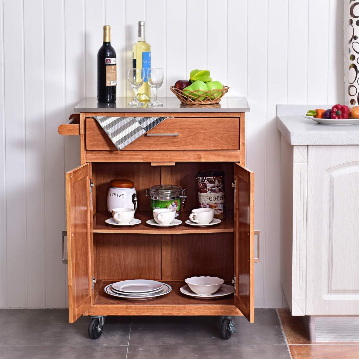 Giantex Kitchen Island Cart Wood Kitchen Trolley Cart Rolling with Stainless Steel Top Storage Cabinet Drawer and Towel Rack