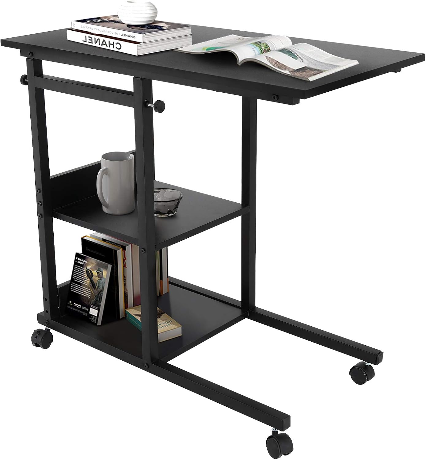 YITAHOME End Table Mobile Wooden C-Shaped Side Table with Storage Height Adjustable Sofa Side Table for Living Room Bathroom Kitchen Couch Table On Casters with Storage, Easy Assembly, Black