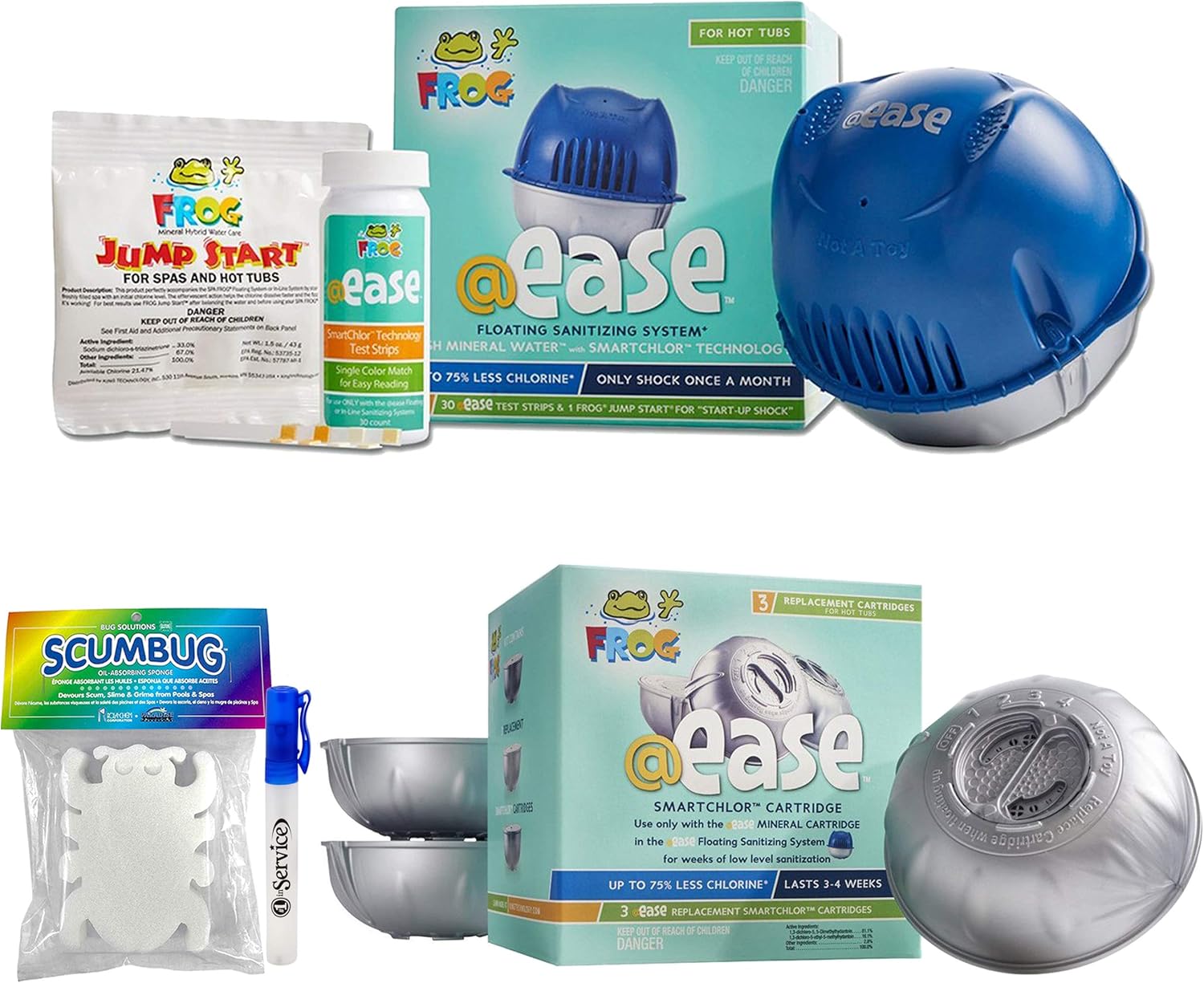 Frog @Ease Floating System, 3 Refill SmartChlor Replacement Cartridges, Jump Start Shock, 30 Test Strips, Hand Sanitizer and Scumbug