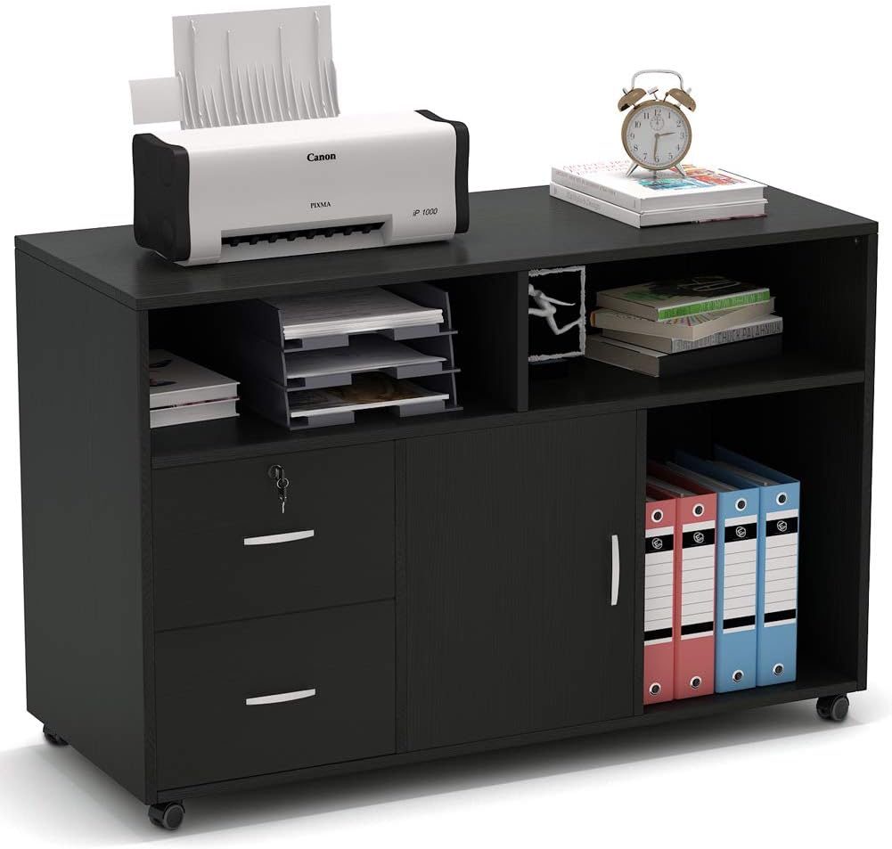 Tribesigns Wood File Cabinet, 2 Drawer Storage Printer Stand, Mobile Lateral Filing Cabinet with Locks and Wheels, Open Storage Shelves for Study, Home Office (Black)