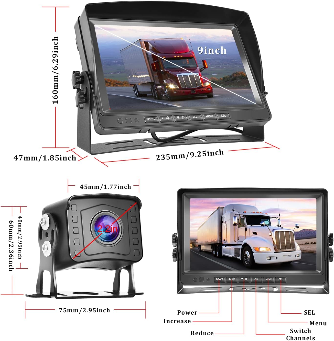 Vehicle Backup Camera with Monitor Kit 9 inch AHD 1080P Wired Backup Camera DVR Function 2 Split Screen Front Rear View Camera IP69 Waterproof Night Vision Reversing Camera for Trucks Cars DC12-35V