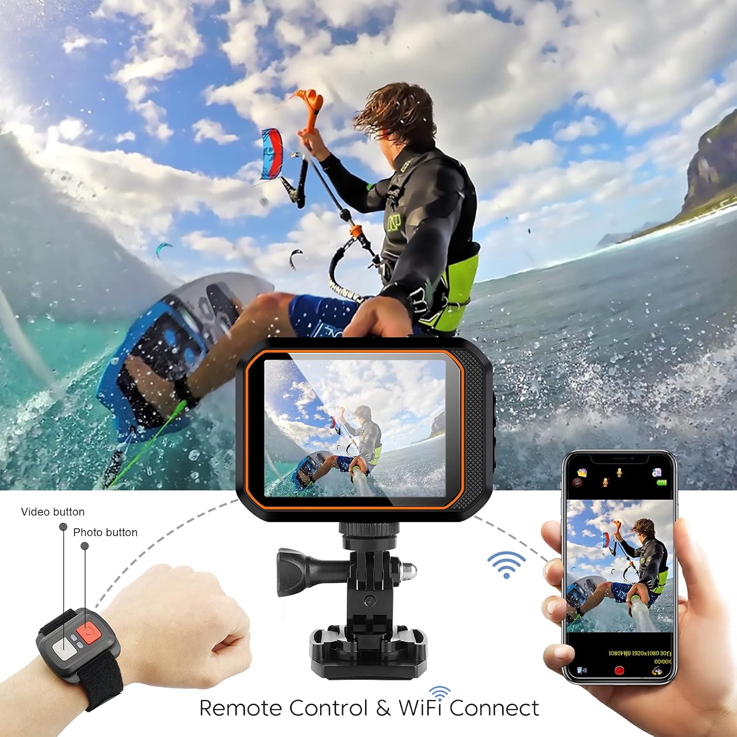 Action Camera 4K 16MP WiFi Sports Camera IPX8 33FT Waterproof Camera EIS 170&deg; Wide Angle Underwater Camera with Remote Control Accessories Kit and Carrying Case