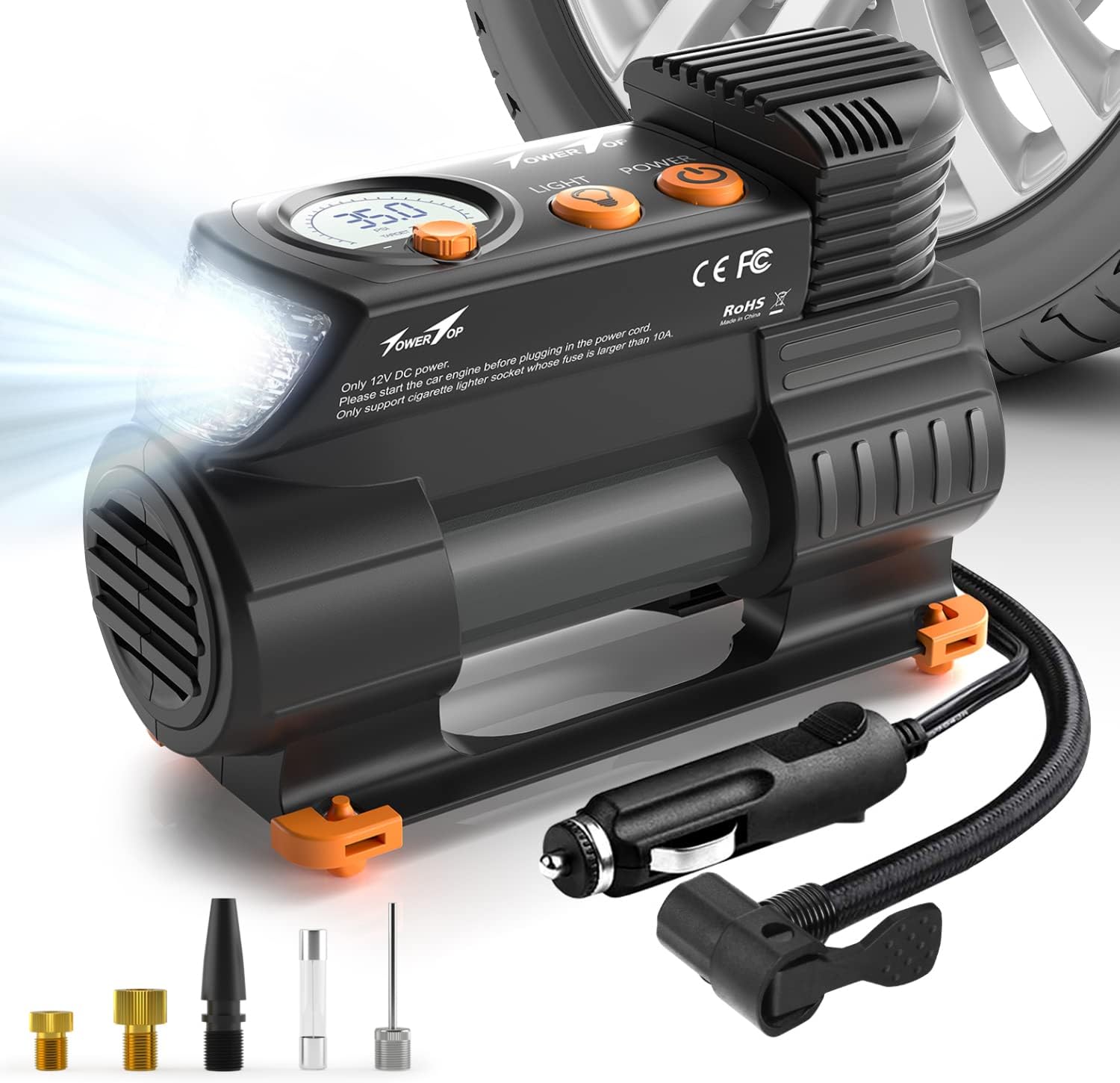 Air Compressor Tire Inflator: Portable 12V DC Air Pump for Car Tires 100PSI Tire Pump with Digital Pressure Gauge, LED Emergency Lights for Car, Bicycle, Moto, SUV, Ball (TowerTop TF-100) Pack of 2