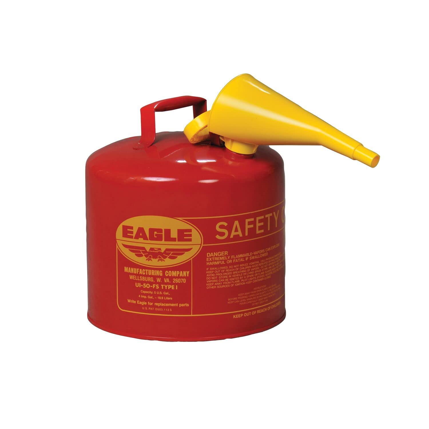 Eagle UI-50-FS Red Galvanized Steel Type I Gasoline Safety Can with Funnel, 5 gallon Capacity, 13.5