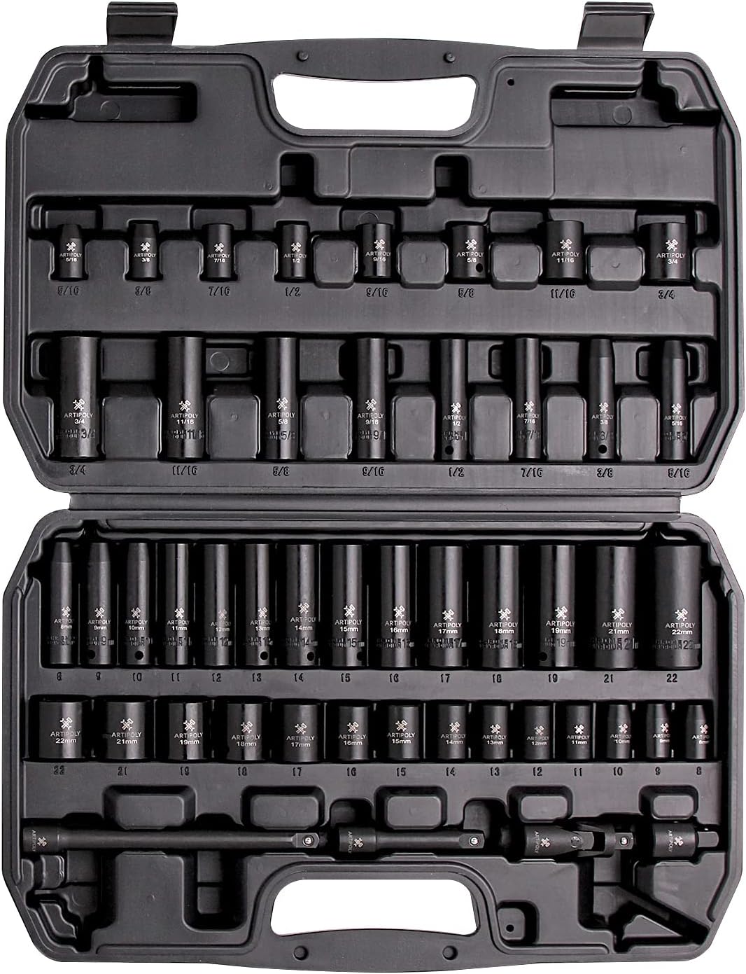 ARTIPOLY 3/8in Impact Socket Set, 6-Point Deep and Shallow Socket Set, 48 Piece Standard SAE and Metric from 5/16in to 3/4in and 8mm to 22mm,Cr-V Steel Mechanic Socket Kit
