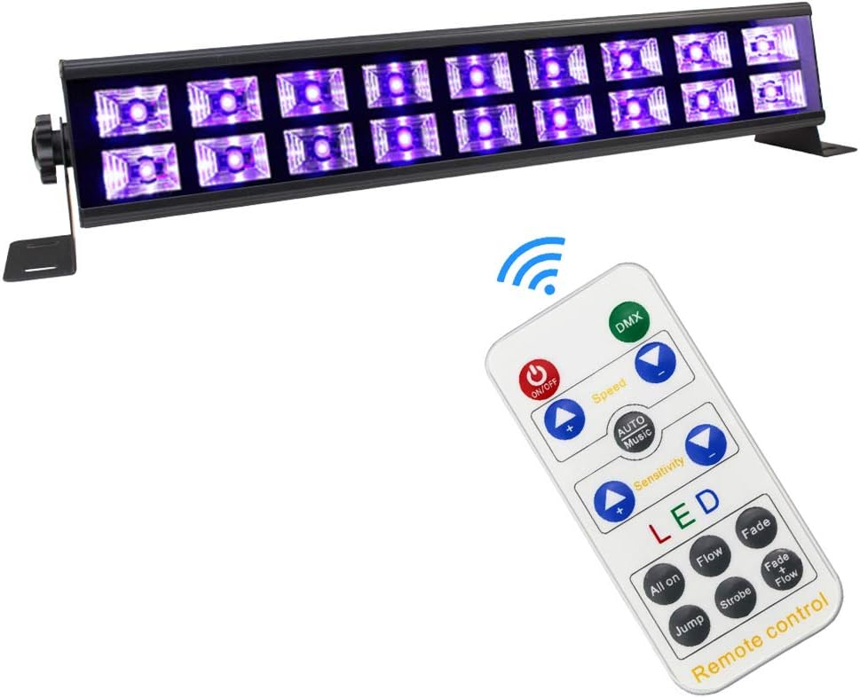 60W Black Light Bar Glow Party Light Dimmable Stage UV Light for DJ Party Bar Halloween Christmas Festival Lighting, Support Remote DMX512 and Manual Control, 7 Flicker Modes Black UV Stage Light Pack of 2