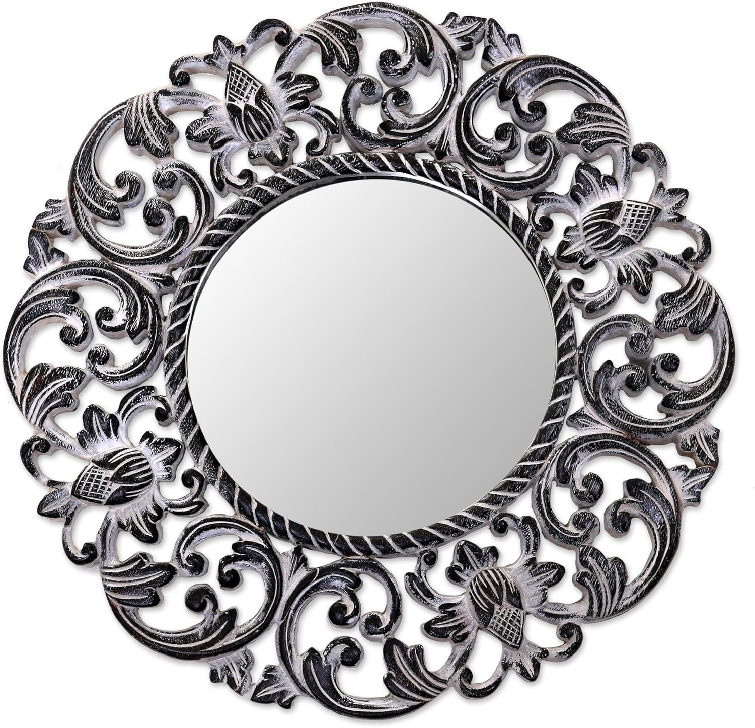 NOVICA Floral Wood Wall Mounted Mirror from Indonesia, Black and White 'Black Balsamina Buds'