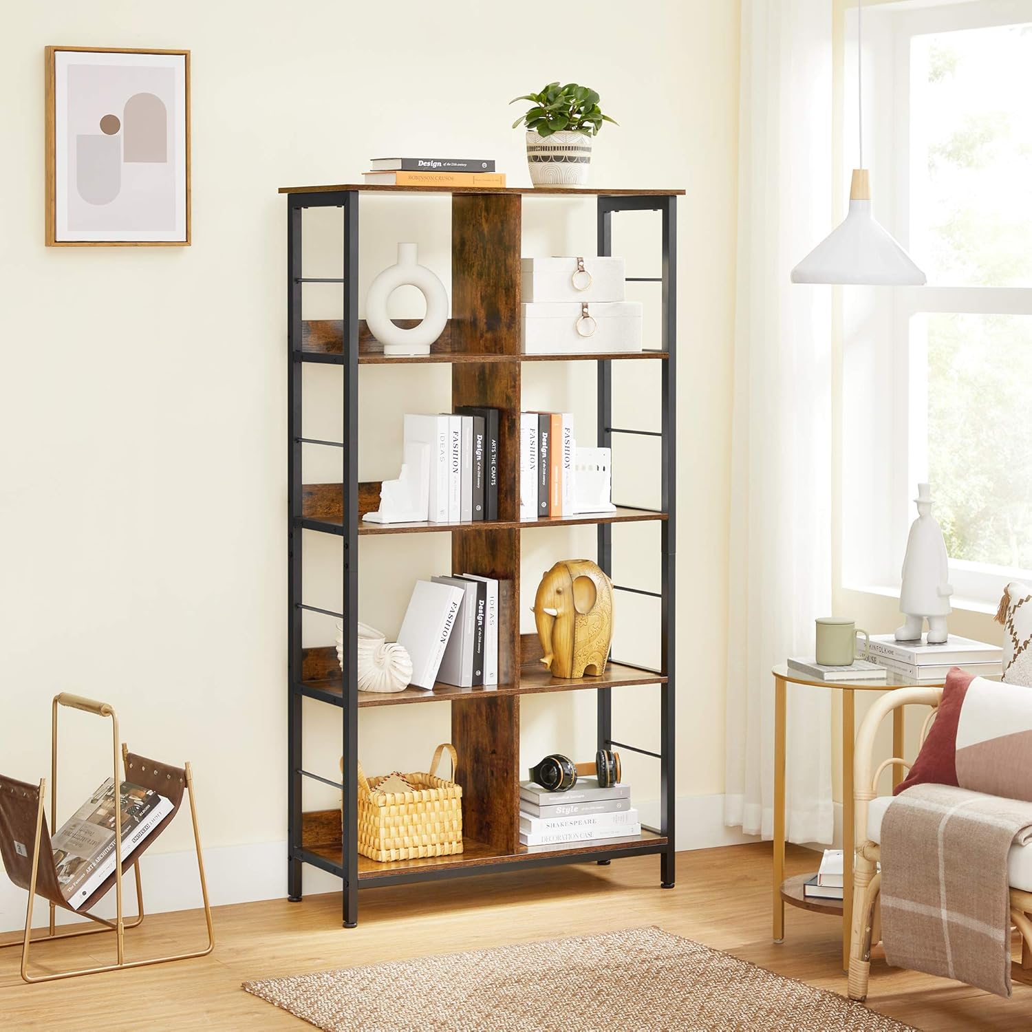 VASAGLE Industrial Bookshelf, 4-Tier Bookcase with 8 Cubes, Display Storage Rack, Book Shelf for Office, Living Room, Bedroom, 31.5 x 13 x 58.7 Inches, Rustic Brown and Black ULLS105B01